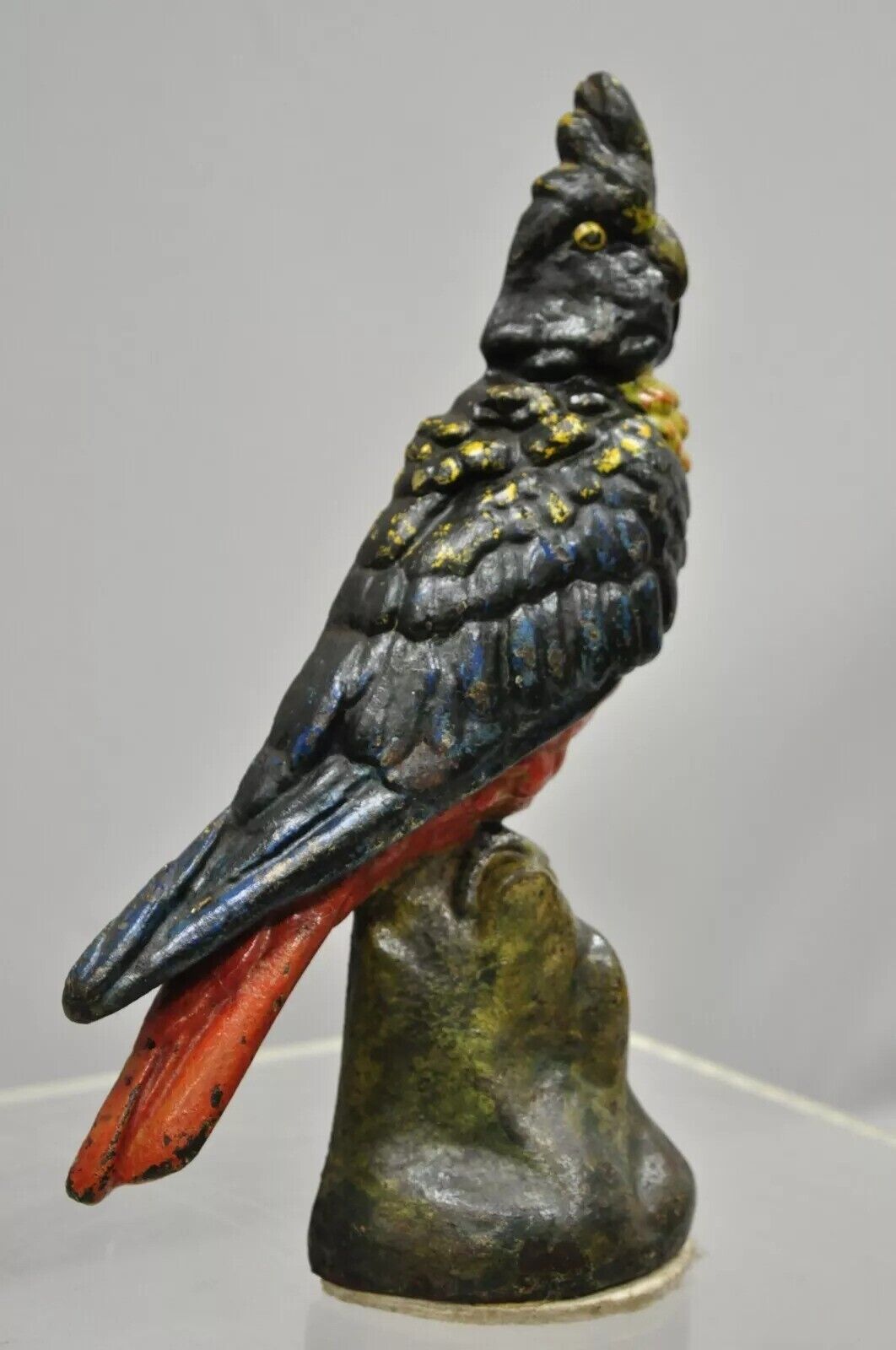 Antique Cast Iron Hand Painted 12" Cockatoo Parrot Figurine Doorstop Bookend