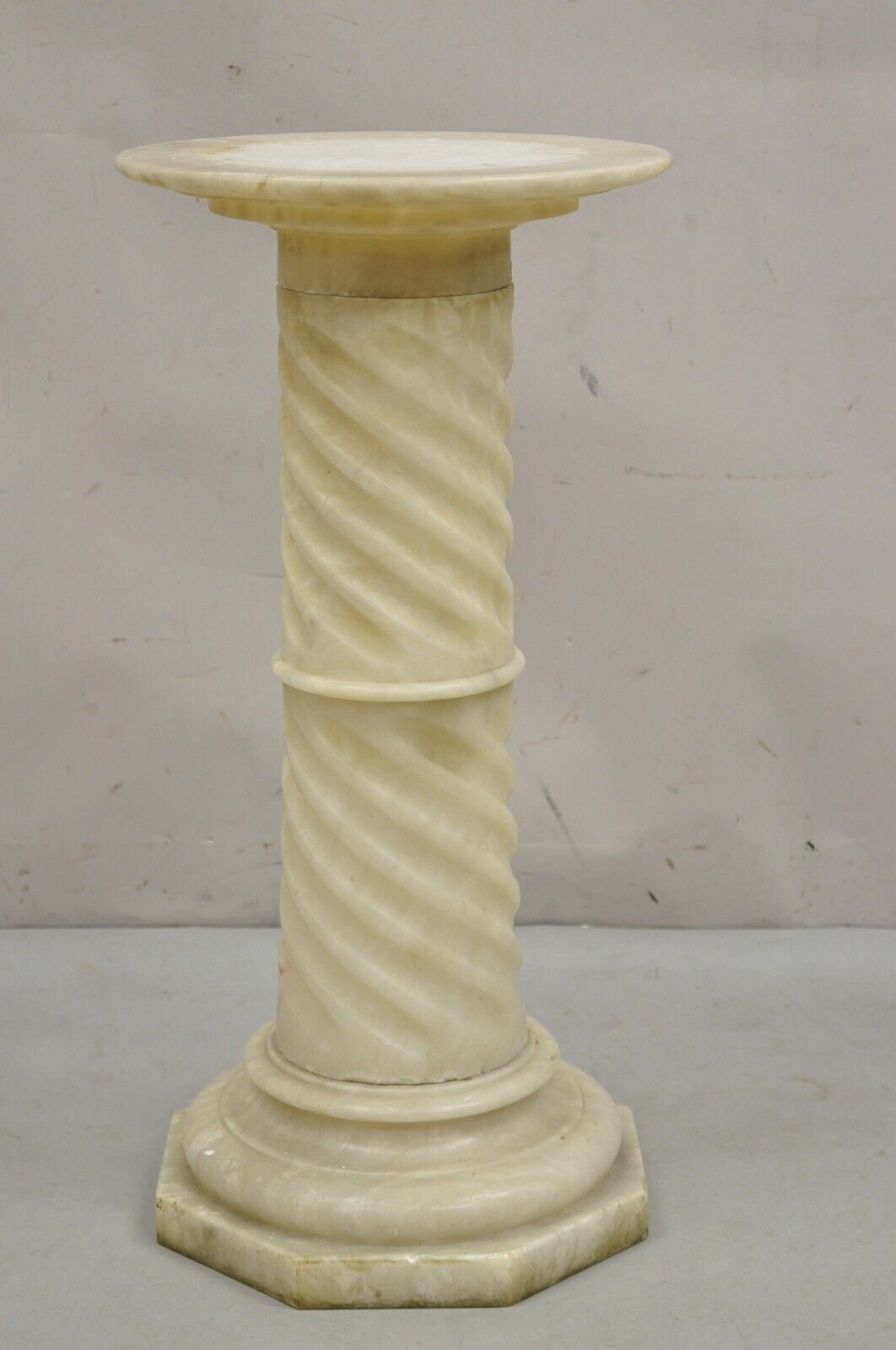 Antique Italian Classical Alabaster Marble Spiral Column 28" Short Pedestal