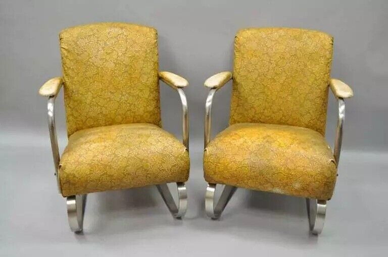 Art Deco Lloyd KEM Weber Style Chrome Steel Springer Lounge Chairs - a Pair
