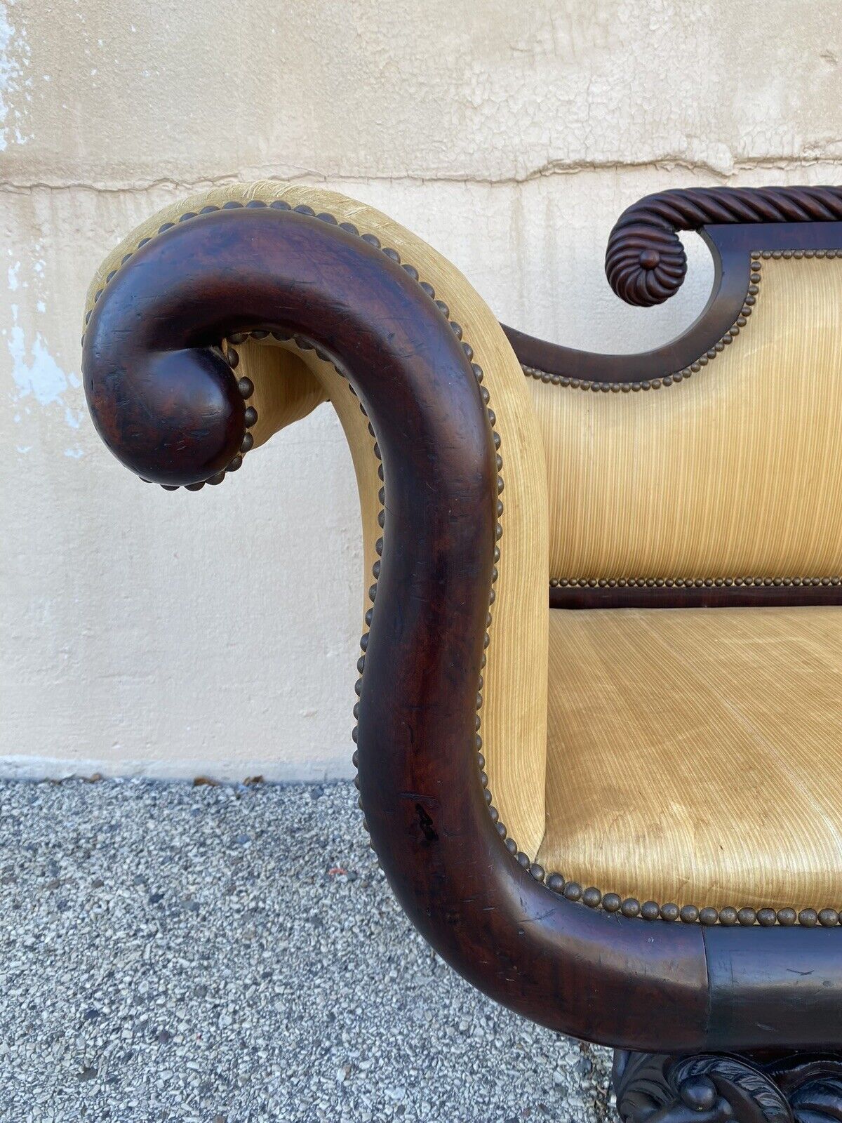 Antique American Empire Classical Carved Mahogany Paw Foot Rolled Arm Sofa