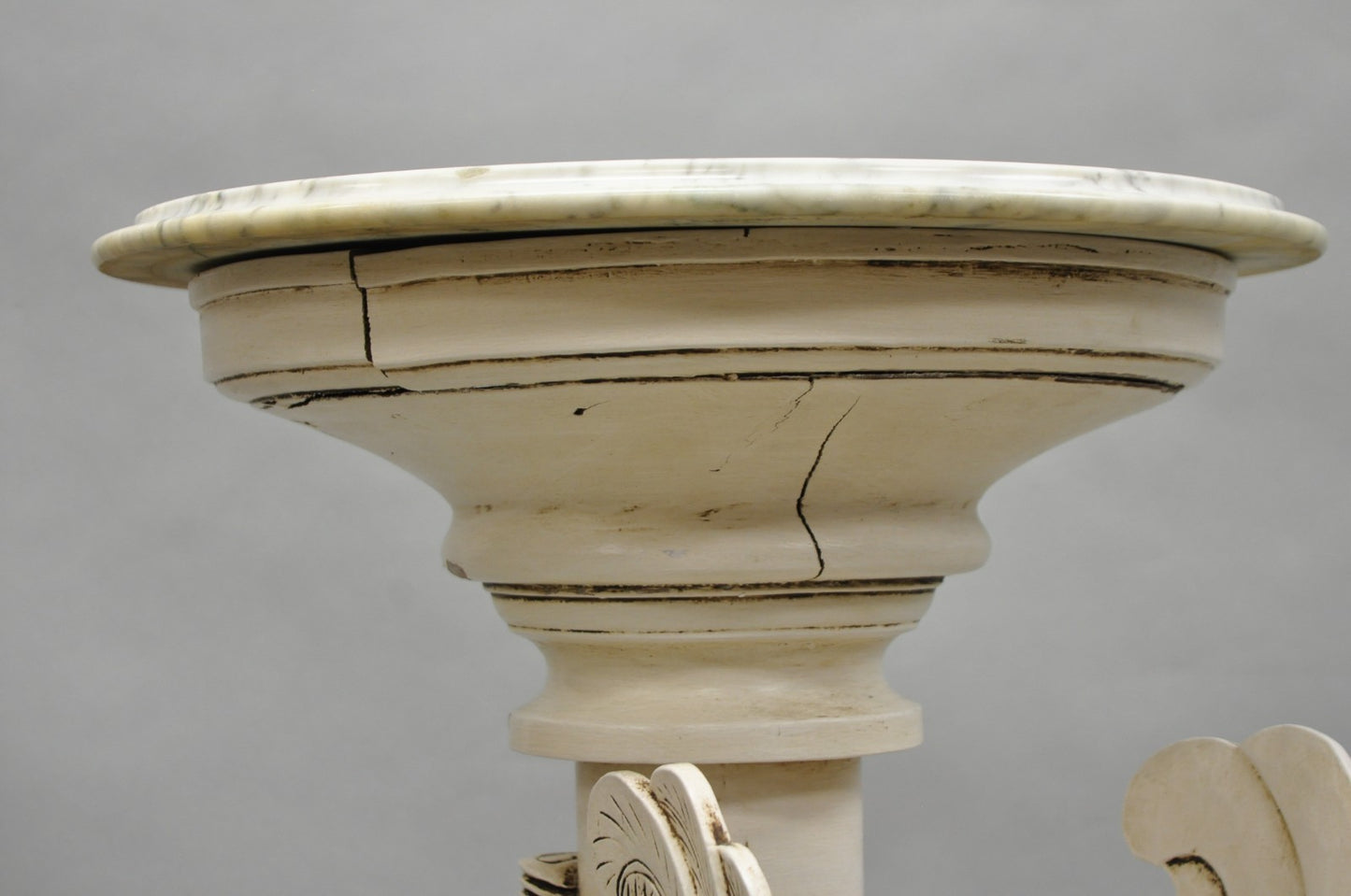 Vintage Egyptian Female Sphinx Round Marble Top Carved Wood Pedestal Plant Stand