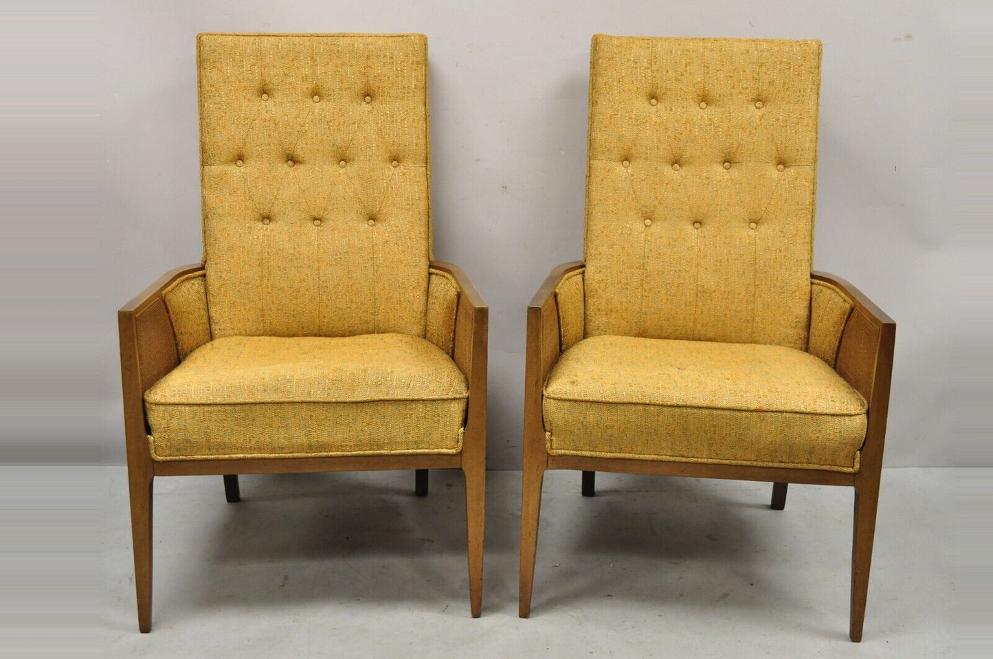 Mid Century Hollywood Regency Sculpted Wood Cane Panel Lounge Chairs - a Pair
