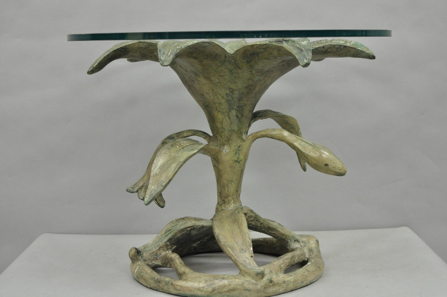 Vintage Arthur Court Green Verdigris Gilt Bronze & Glass Lily Flower Side Table