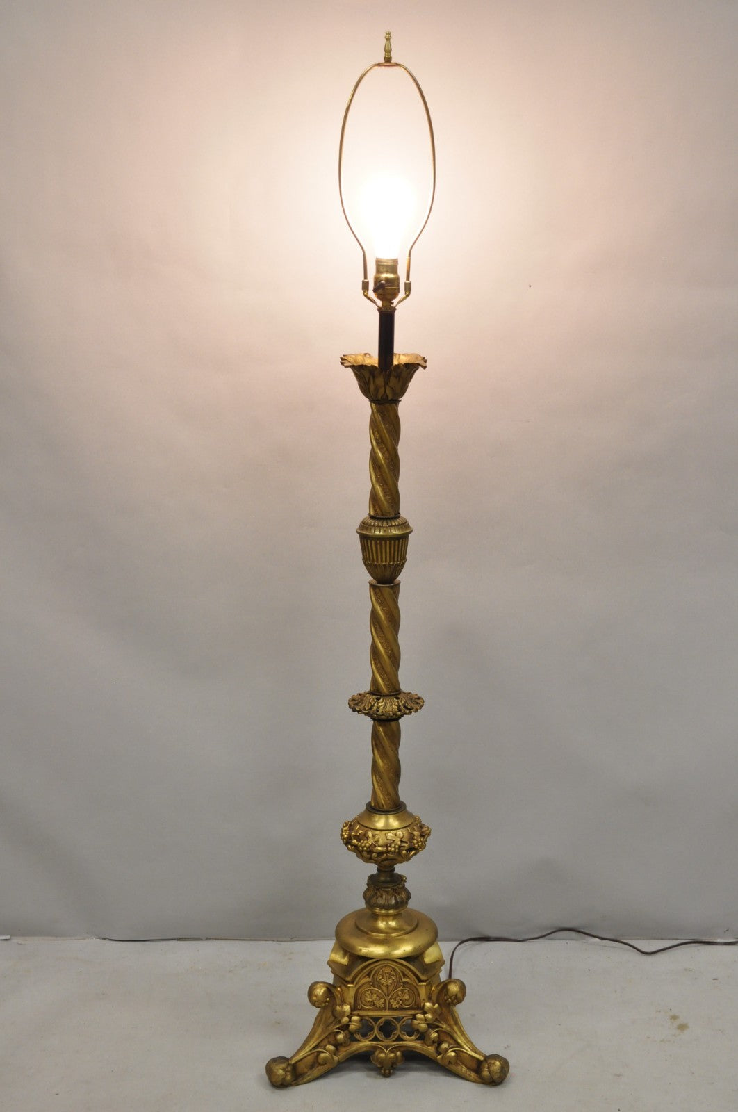 Antique French Renaissance Gothic Brass Metal Gold Candlestick Floor Lamp