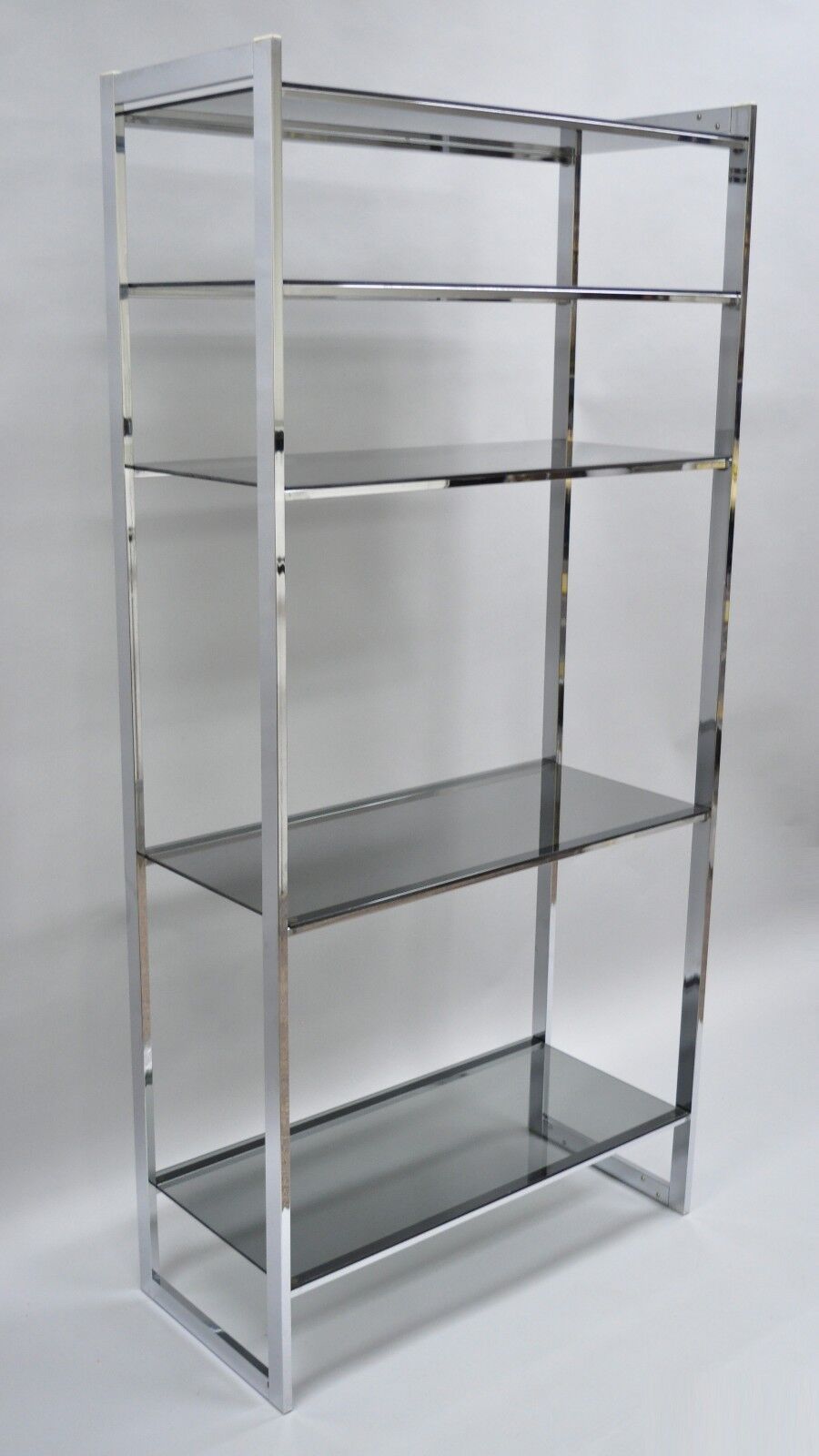Mid Century Modern Chrome Smoked Glass Etagere Bookcase Shelf Baughman Style 74"