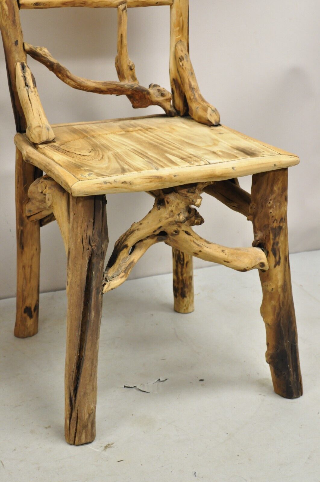 Vintage Rustic Modern Driftwood Branch Small Wooden Desk and Chair with Drawer