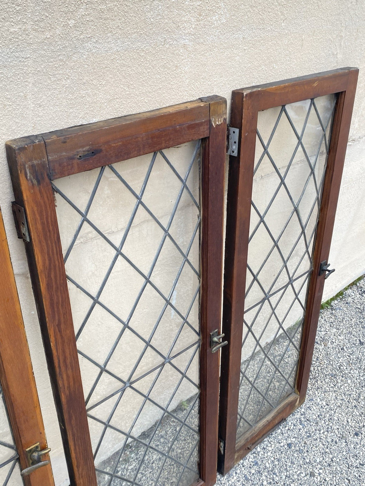 Antique Arts & Crafts Diamond Lattice Leaded Glass Windows in Frame - Set of 4