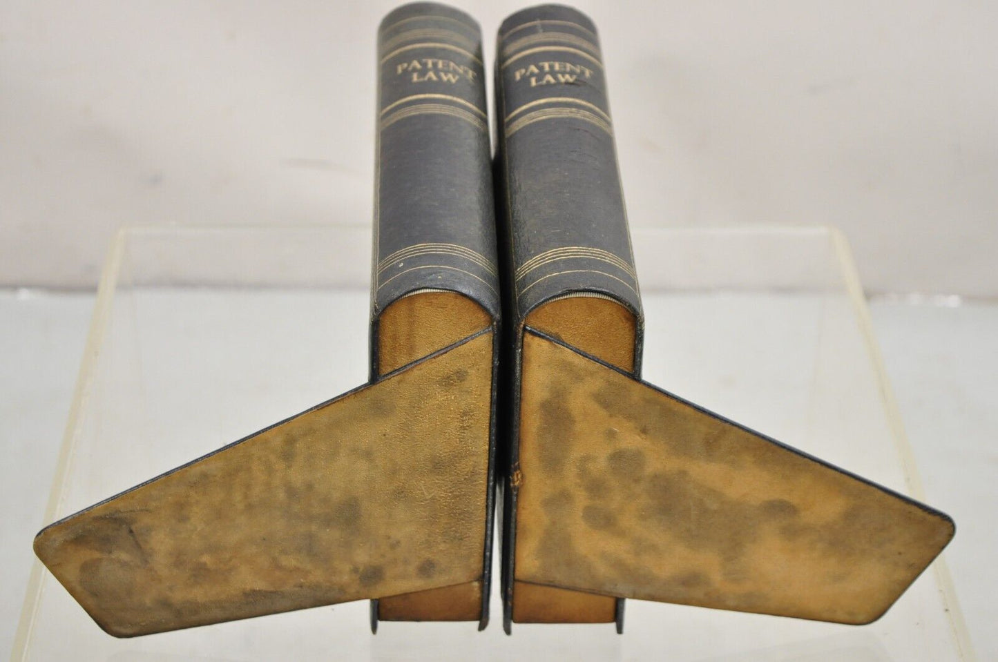Vintage Italian Green Leather Bound "Patent Law" Faux Book Bookends (C) - Pair