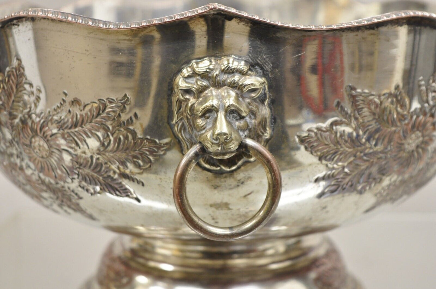 Antique English Regency Victorian Floral Repousse Lion Punch Bowl Ice Bucket