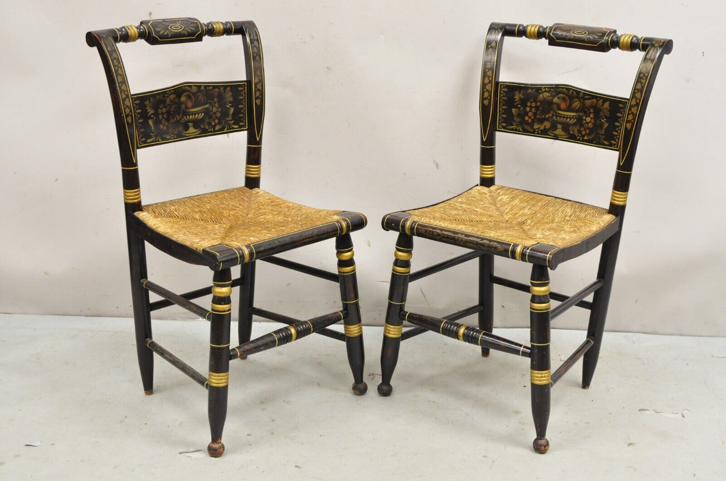 Antique Hitchcock Black and Gold Harvest Stencil Rush Side Chairs - a Pair