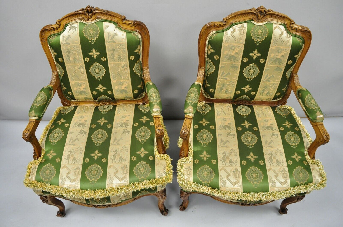 Antique French Louis XV Style Green & Gold Walnut Fauteuil Arm Chairs - a Pair