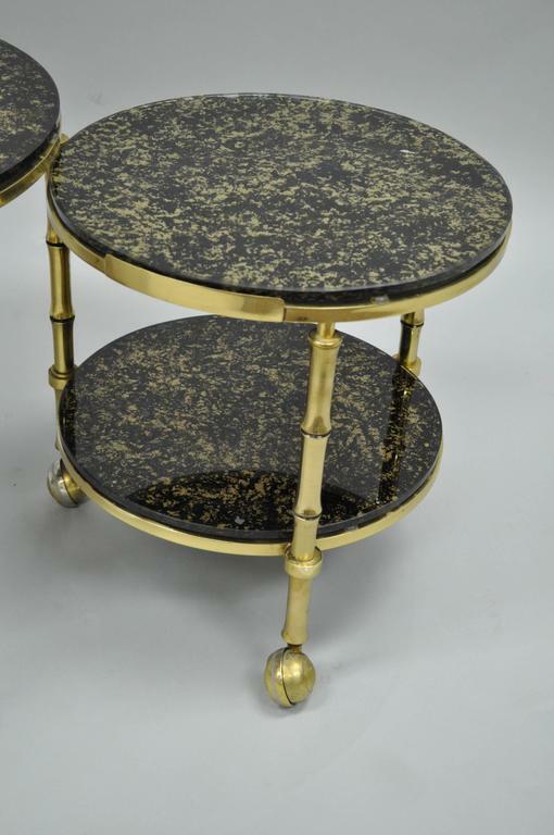 Hollywood Regency Brass & Glass Faux Bamboo Round Nesting Side Coffee Table