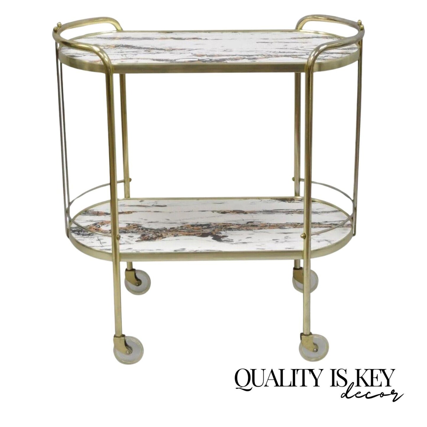 Vintage Mid Century Modern Brass Rolling Bar Tea Cart Laminate Faux Marble