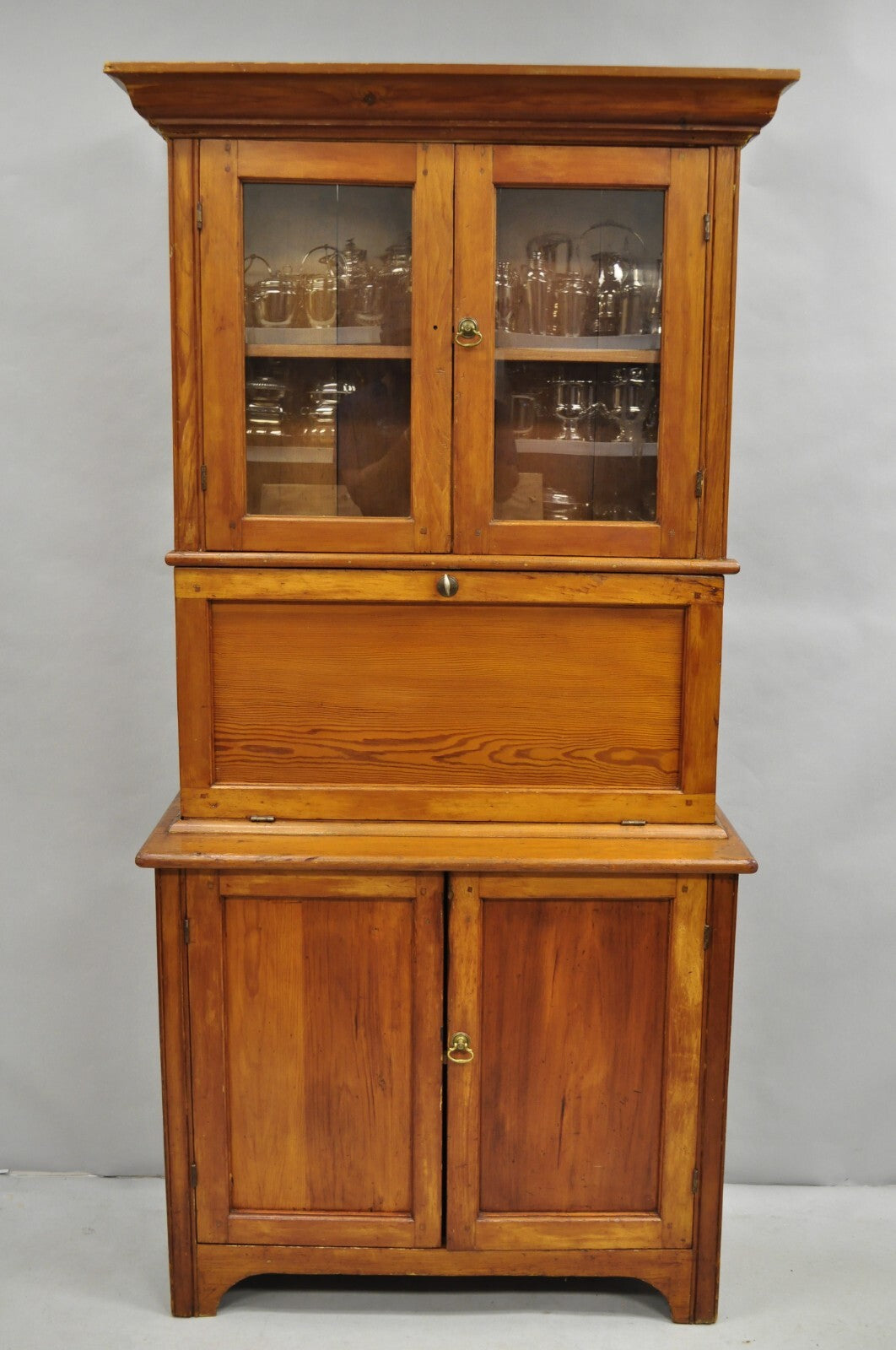 Antique Primitive Country Farmhouse Pine Wood Secretary Bookcase Cupboard