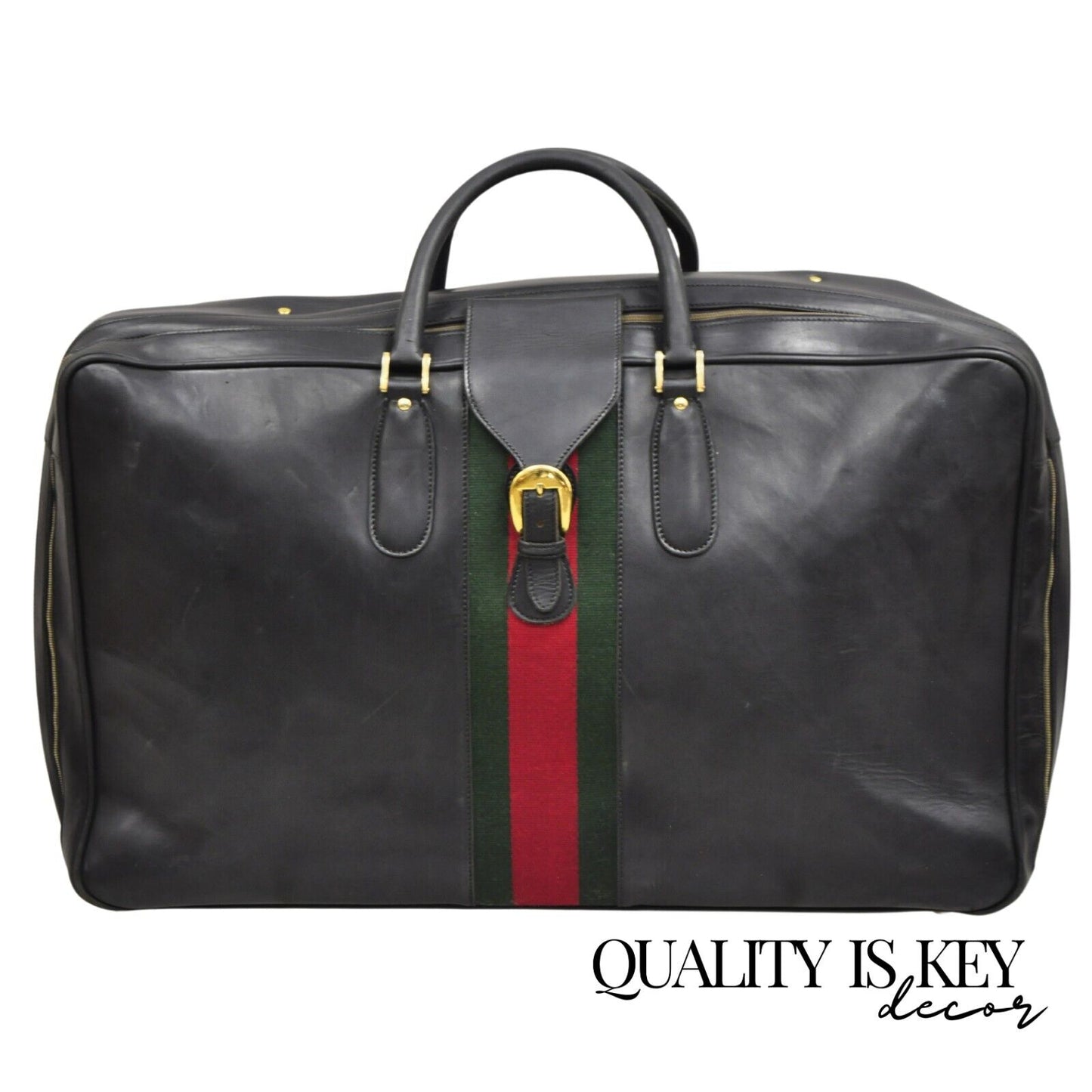 Vintage Gucci Large Black Leather Suitcase Luggage Travel Bag Green Red Webbing