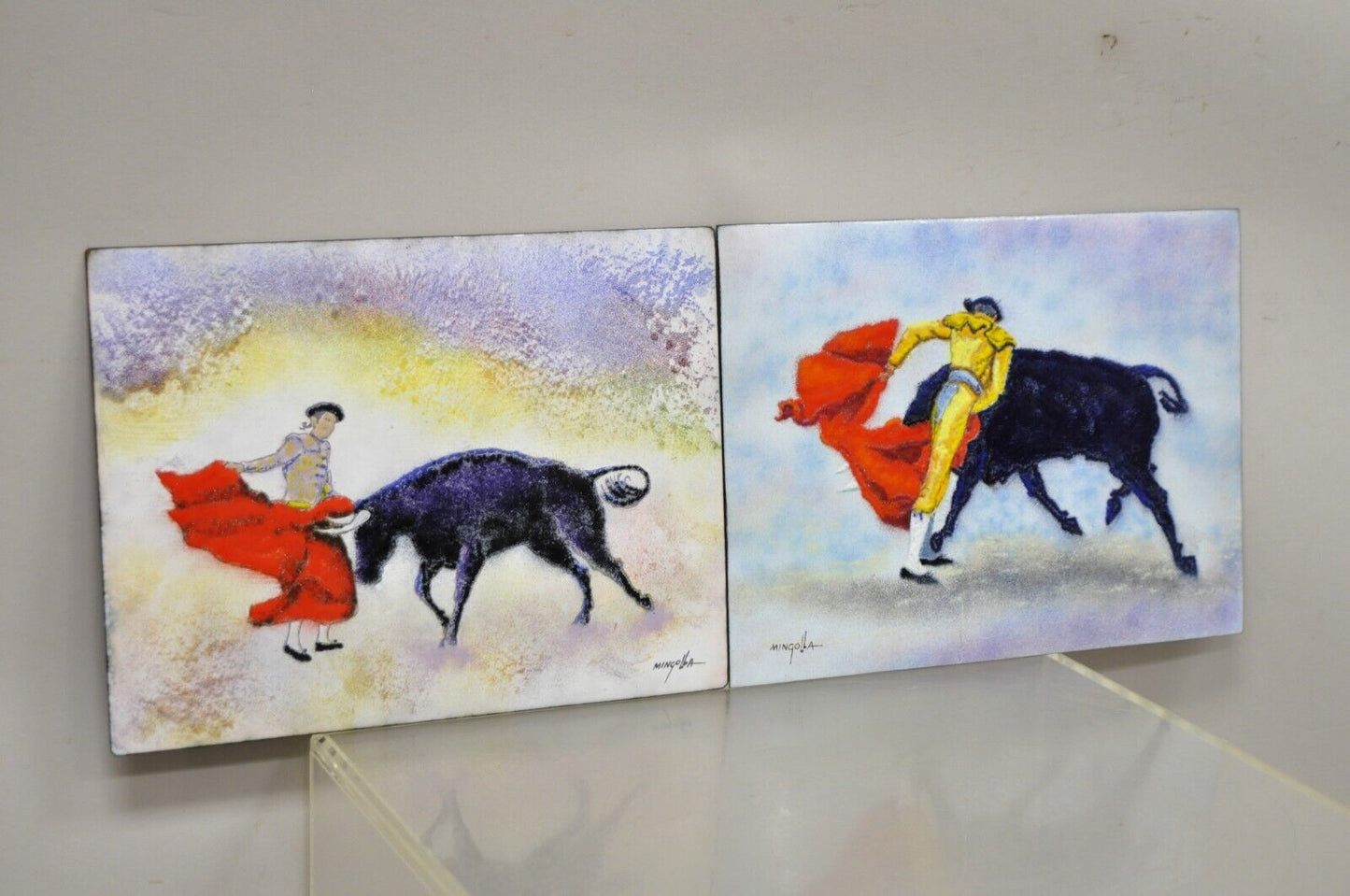 Dom Dominic Mingolla Enamel on Copper Painting Spanish Matador 9 x 12 - a Pair