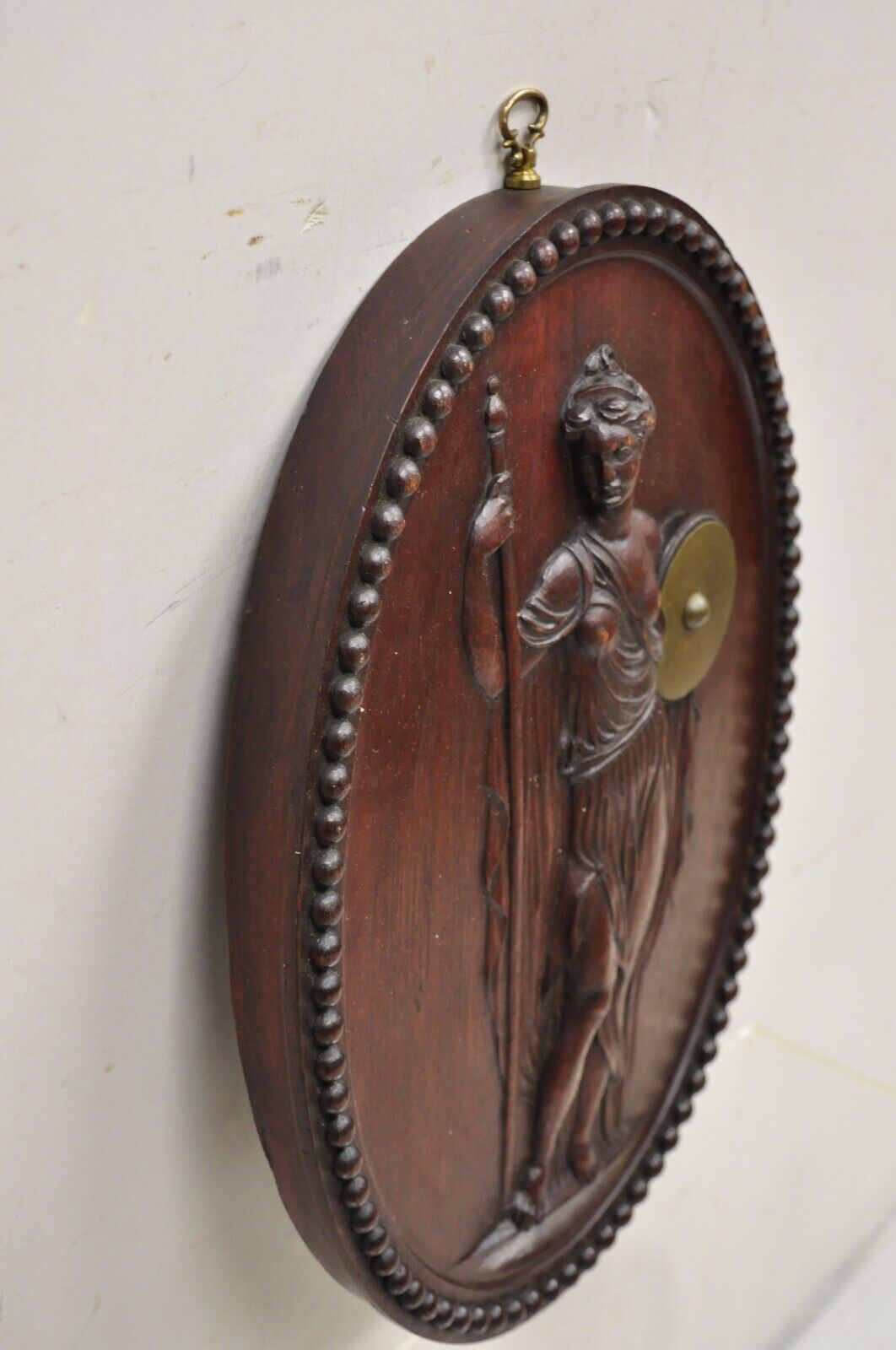 Antique Classical Oval Carved Mahogany Figural Goddess Wall Sculpture Plaque