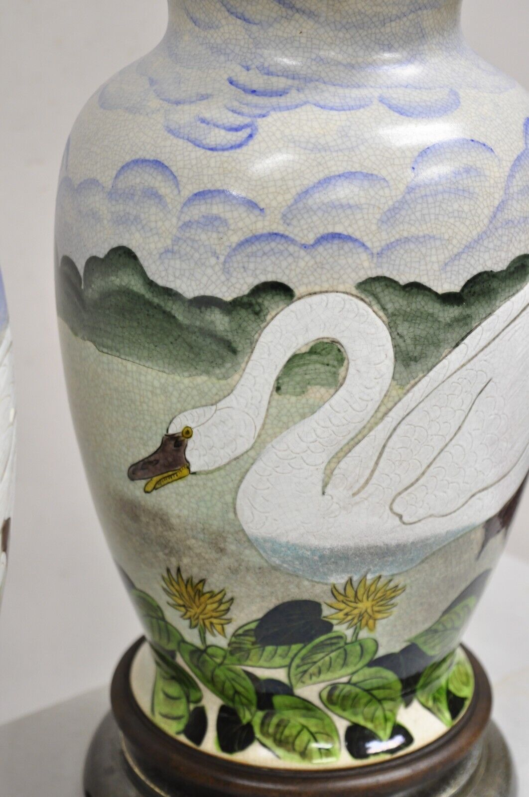 Vintage Chinoiserie Painted Swan Porcelain Ginger Jar Table Lamps - a Pair