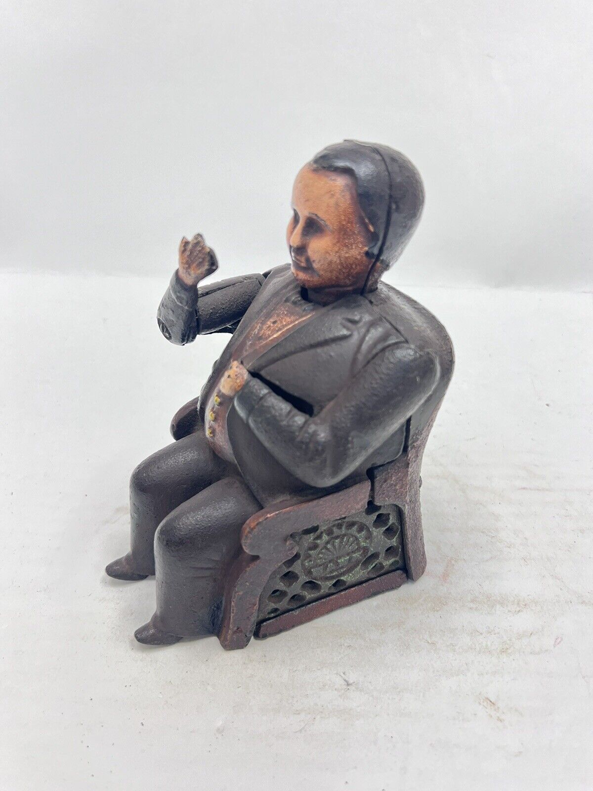 Vintage J.E Stevens Cast Iron Still Bank Tammany Hall Politician Coin Piggy Bank