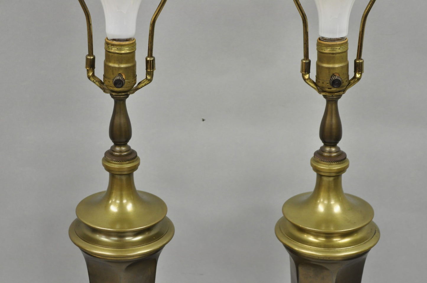 Vintage French Empire Patinated Bronze Brass Column Table Lamps by Wildwood Pair