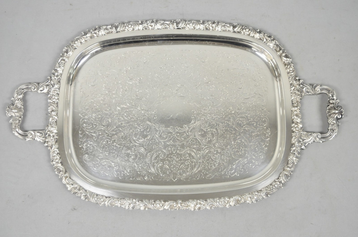 Vintage Gorham YC1466 Silver Plated Floral Repousse Bar Serving Tray w Handles