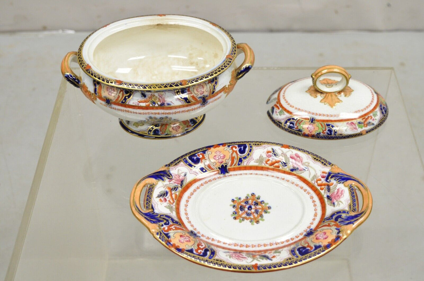 Antique English Ironstone Diamond Patent Covered Sauce Tureen with Underplate