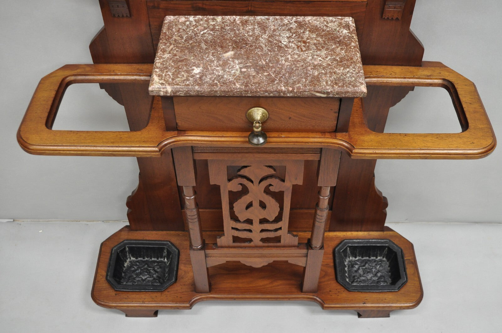 Antique Eastlake Victorian Walnut Marble Top Umbrella Stand Hall Tree Mirror