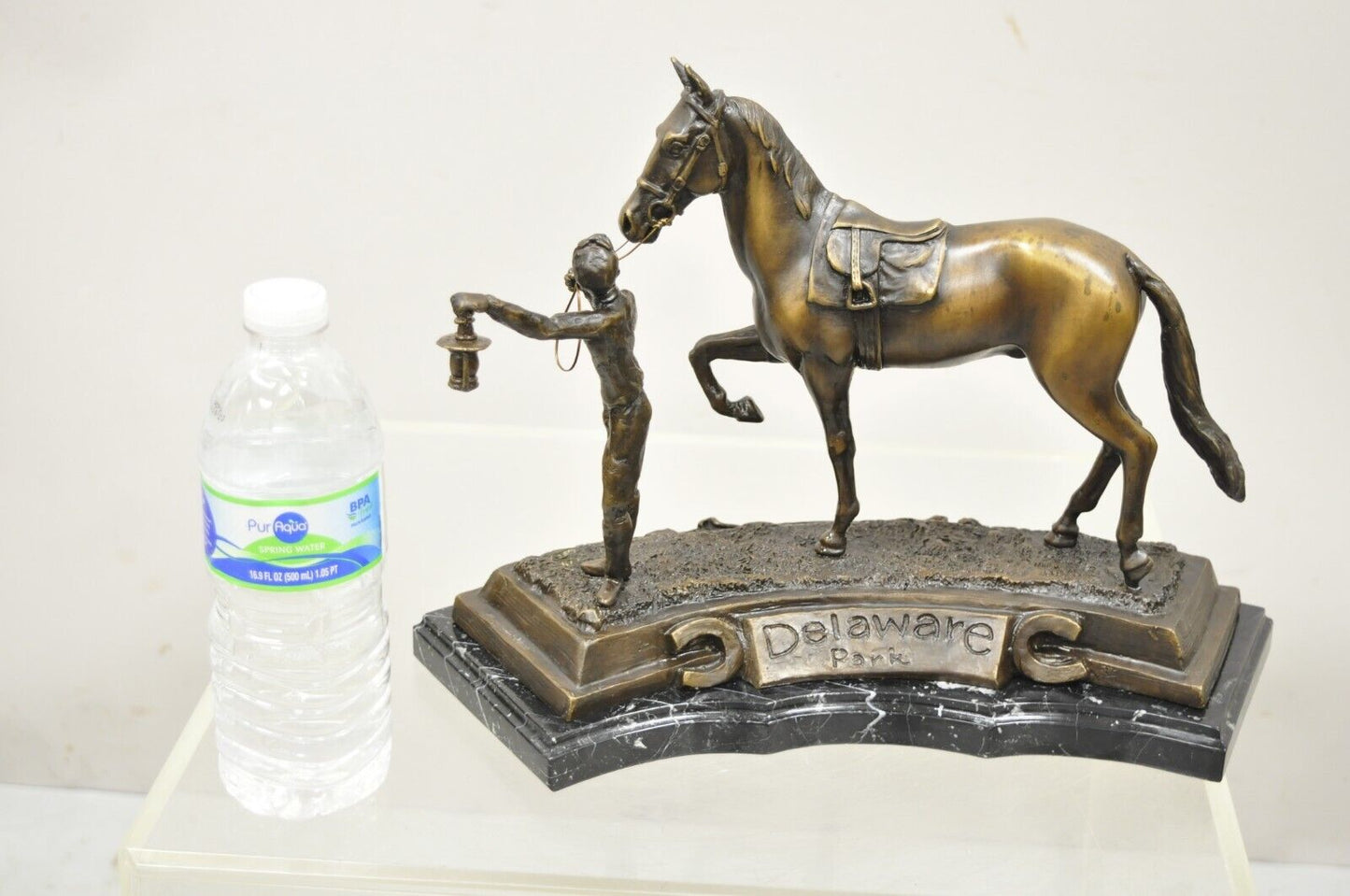 Delaware Park Bronze Equestrian Rider Jockey Leading Race Horse Lantern Statue