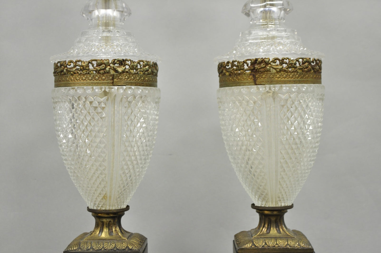 Vintage French Empire Hollywood Regency Cut Glass Crystal Urn Table Lamps - Pair