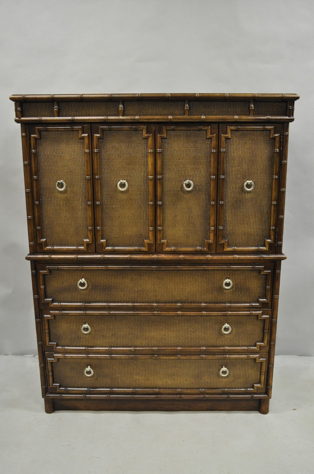 Drexel Chinese Chippendale Faux Bamboo Fretwork Rattan Tall Chest Dresser