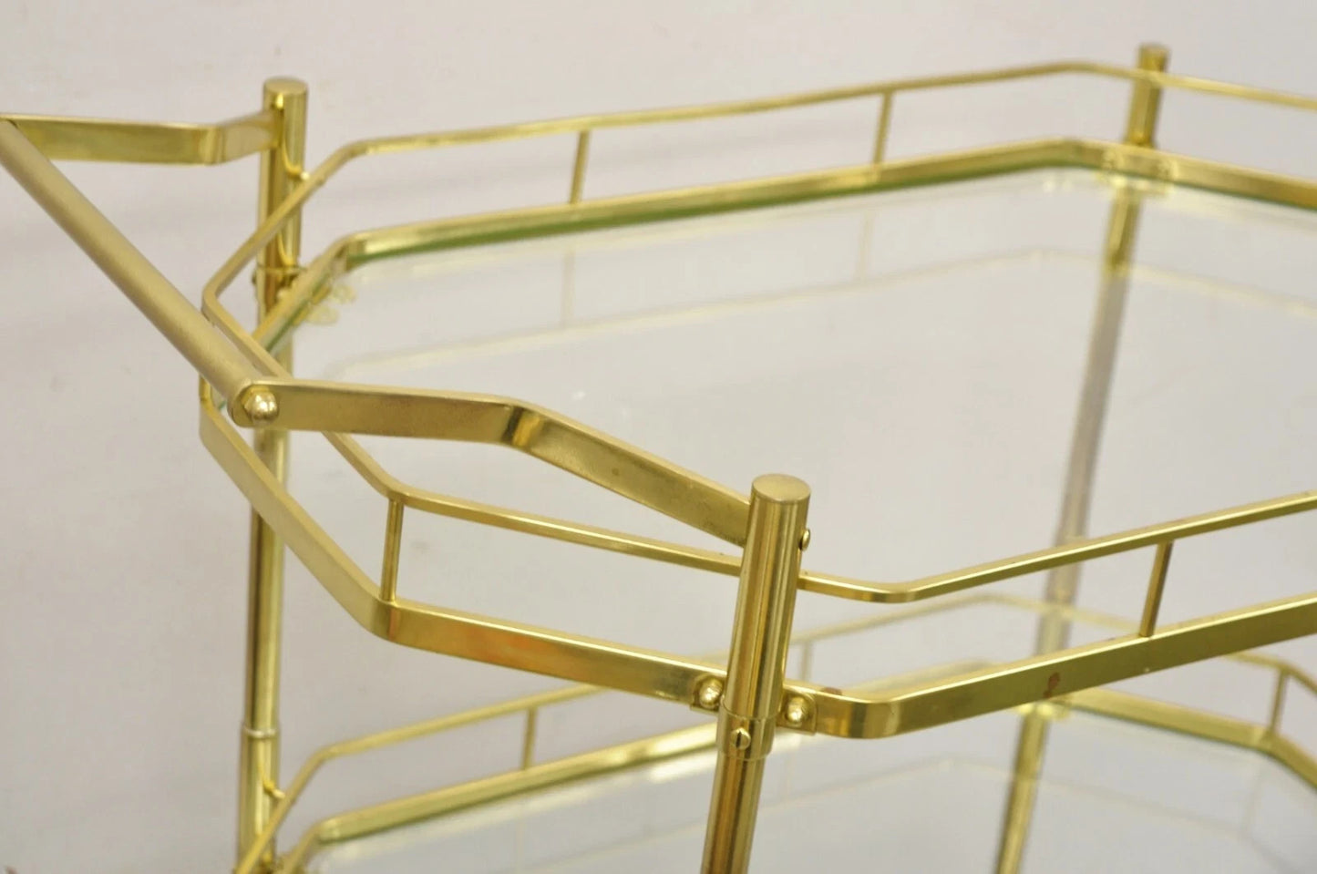 Mid Century Italian Modern Brass and Glass 3 Tier Rolling Bar Cart Serving Table