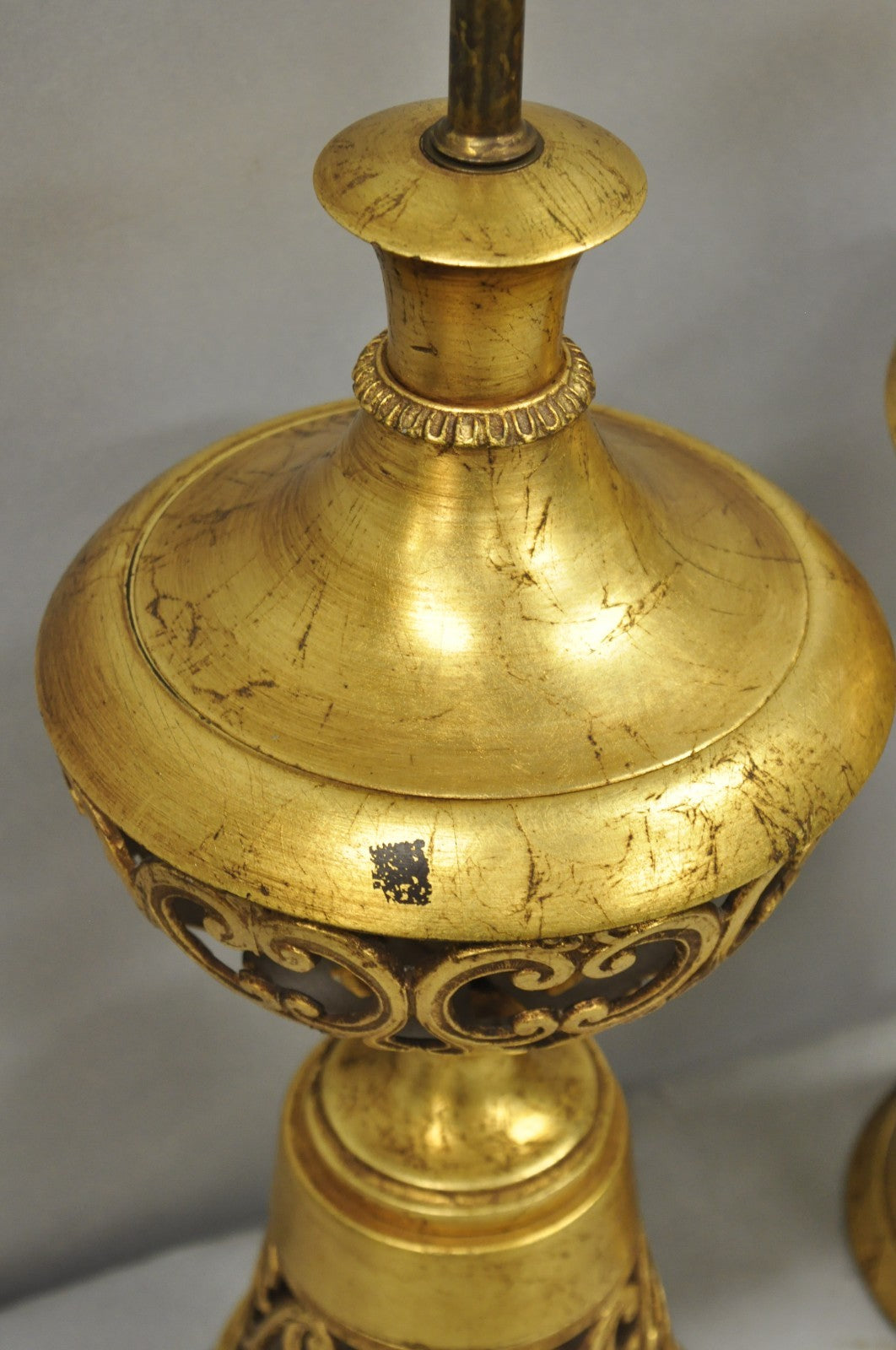 Vintage Italian Hollywood Regency Gold Gilt Iron Metal Fretwork Table Lamps Pair