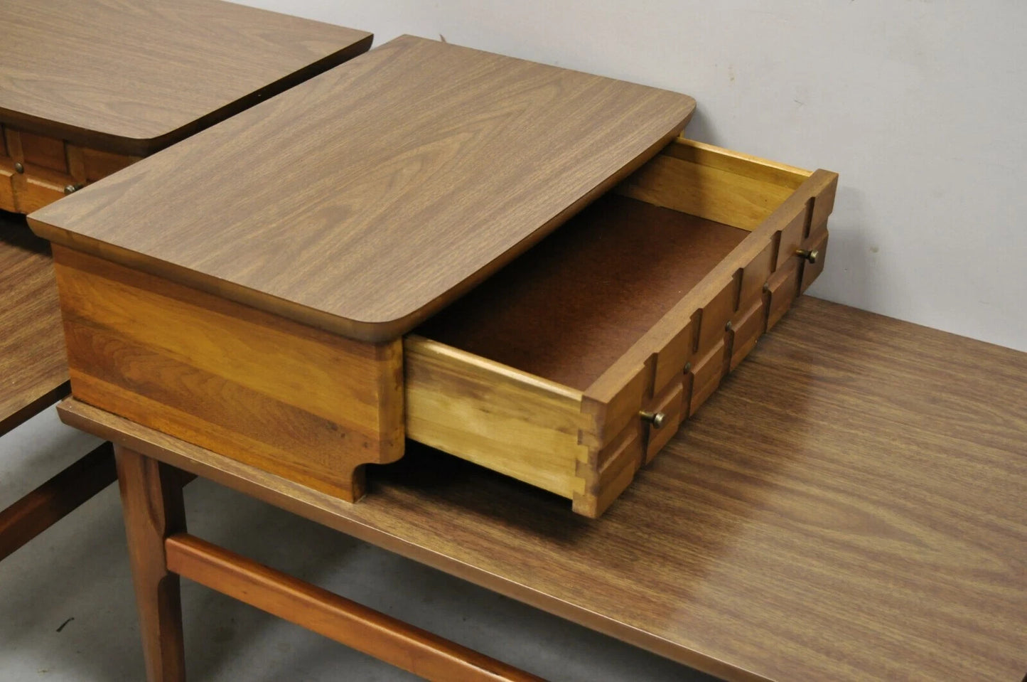 Mersman Mid Century Modern Walnut and Laminate Step Up Side End Tables - a Pair