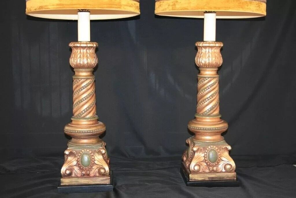 Pieri Tullio Large Italian Hollywood Regency Column Table Lamp Green Gold - Pair