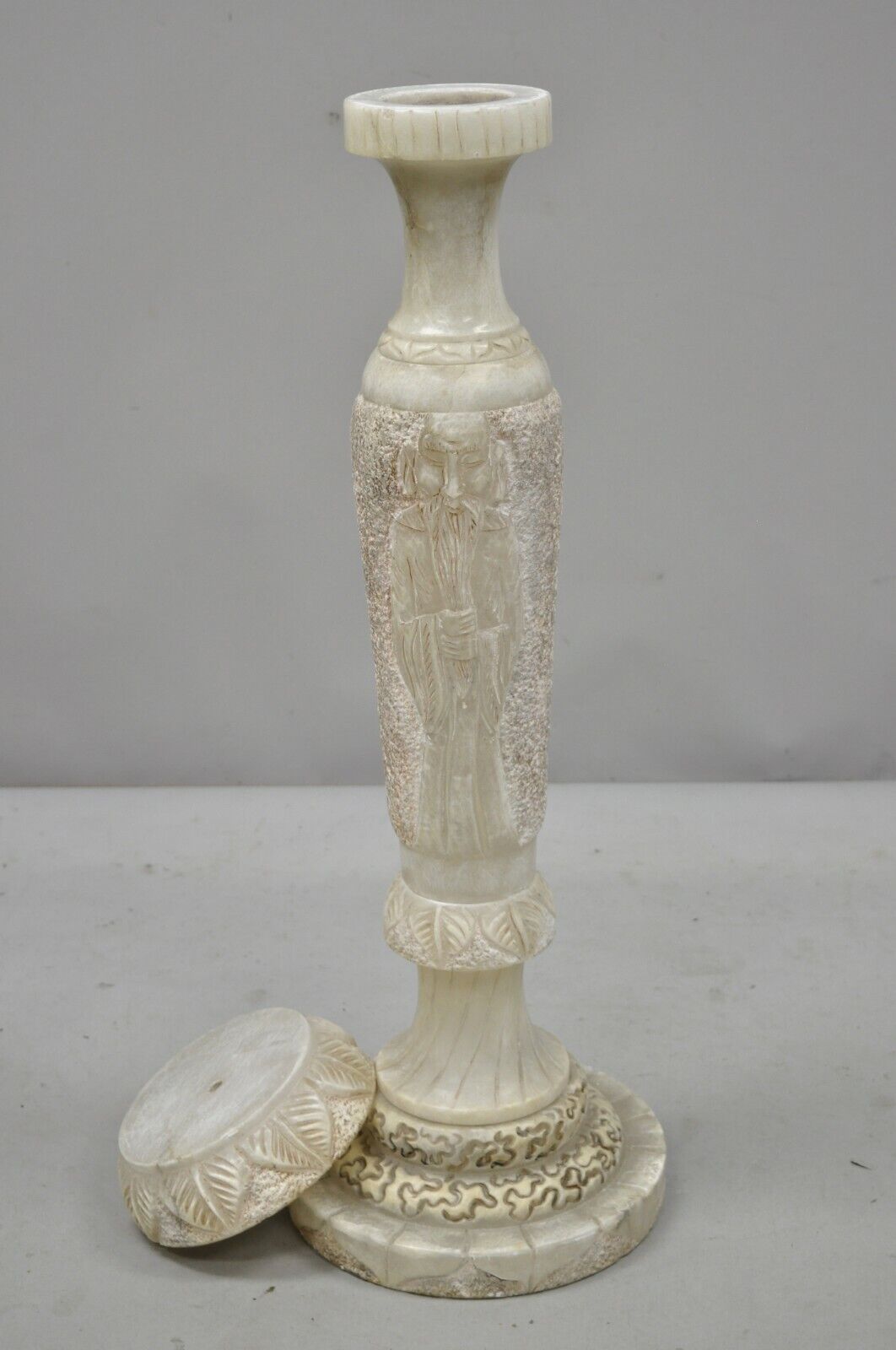 Vintage Chinese Wiseman Carved Alabaster 36" Figural Pedestal Plant Stand