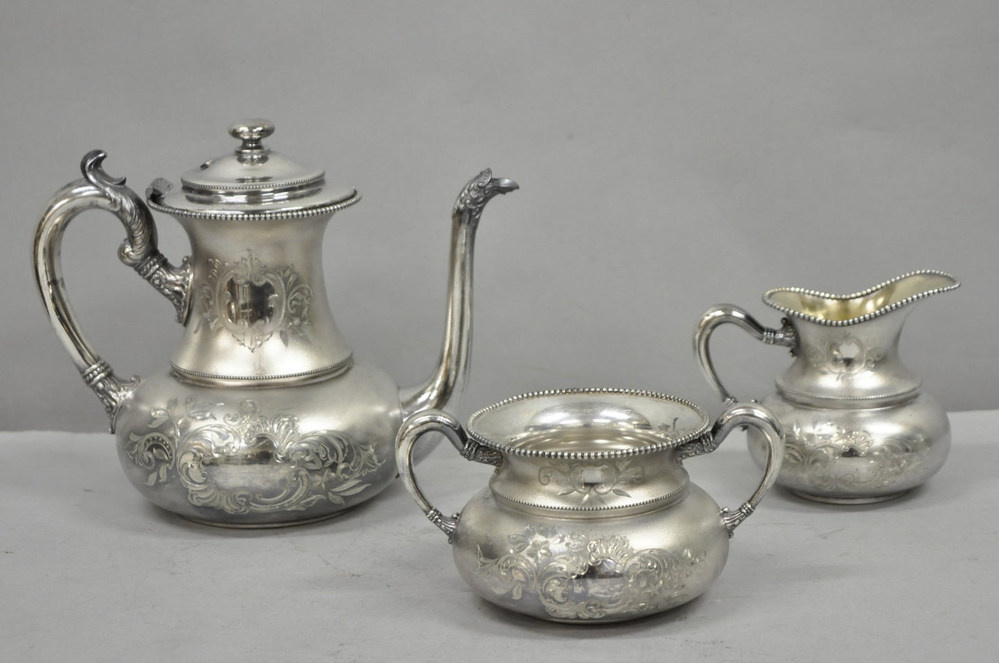 Antique EG Webster English Art Nouveau Silver Plated Repousse Tea Set - 3 Pc Set