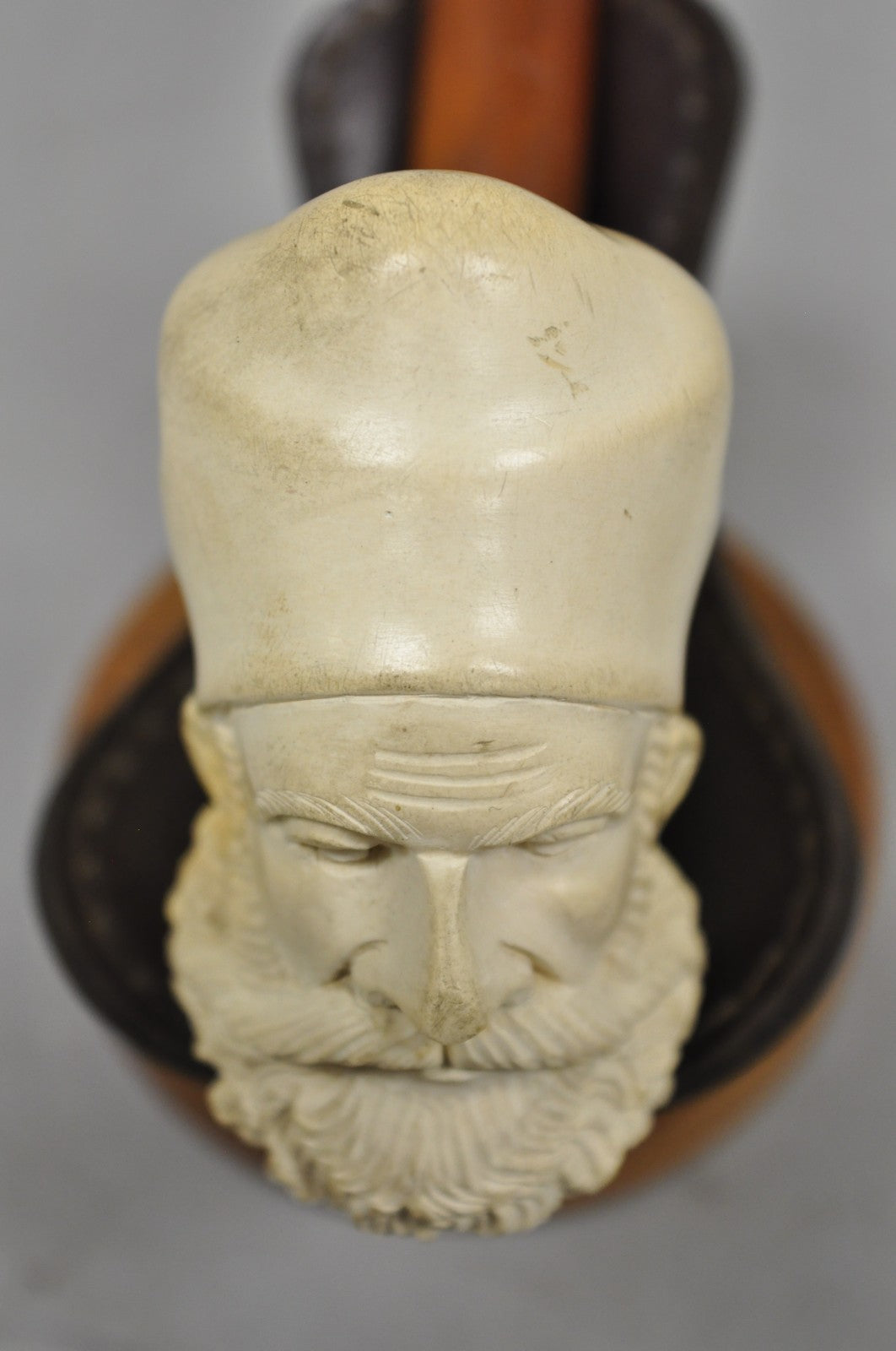 Vintage Turkish Meerschaum Figural Hand Carved Bearded Man Pipe on Walnut Stand
