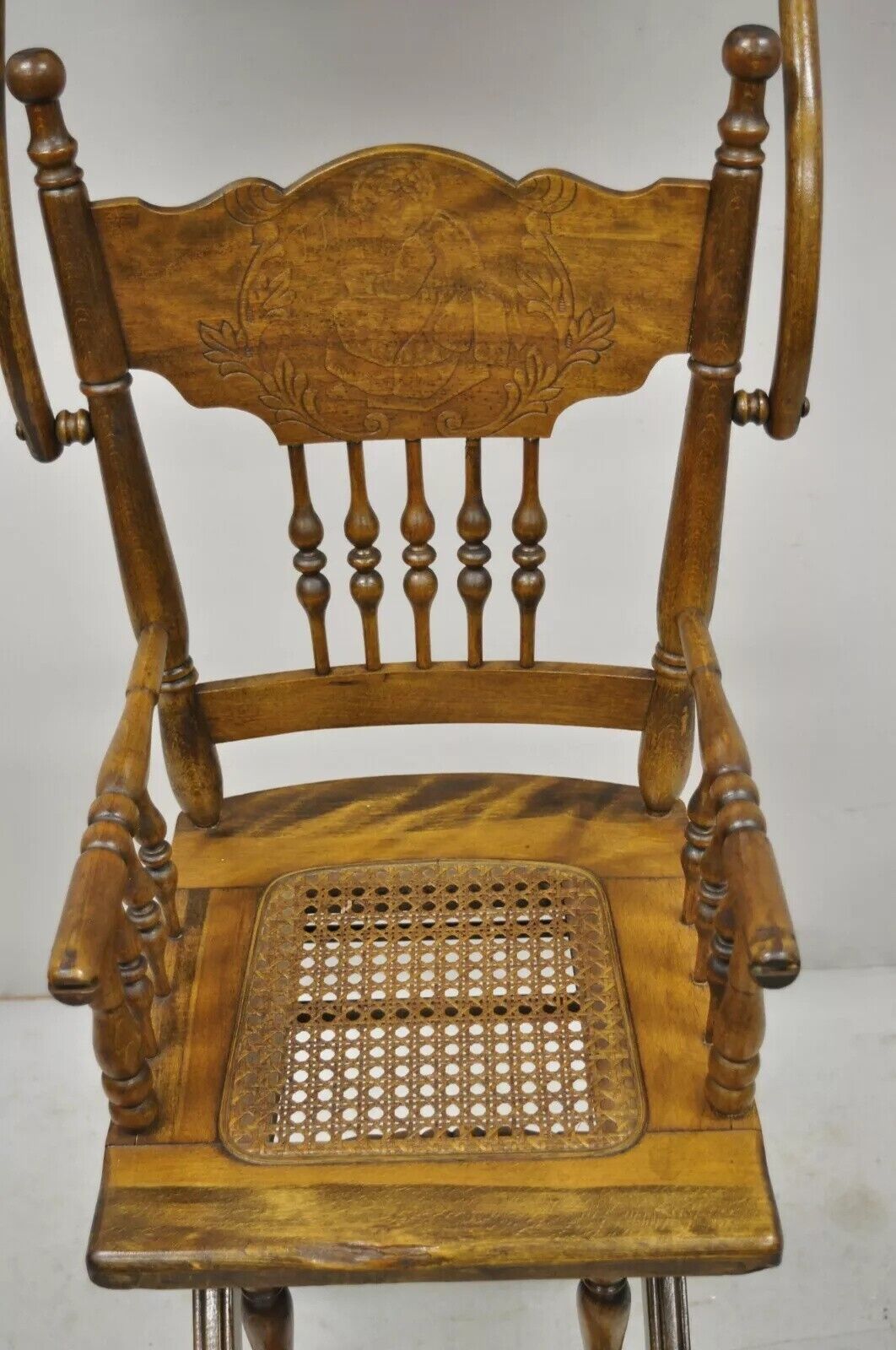 Antique Victorian Oak Convertible Pressed Back High Chair Baby Stroller