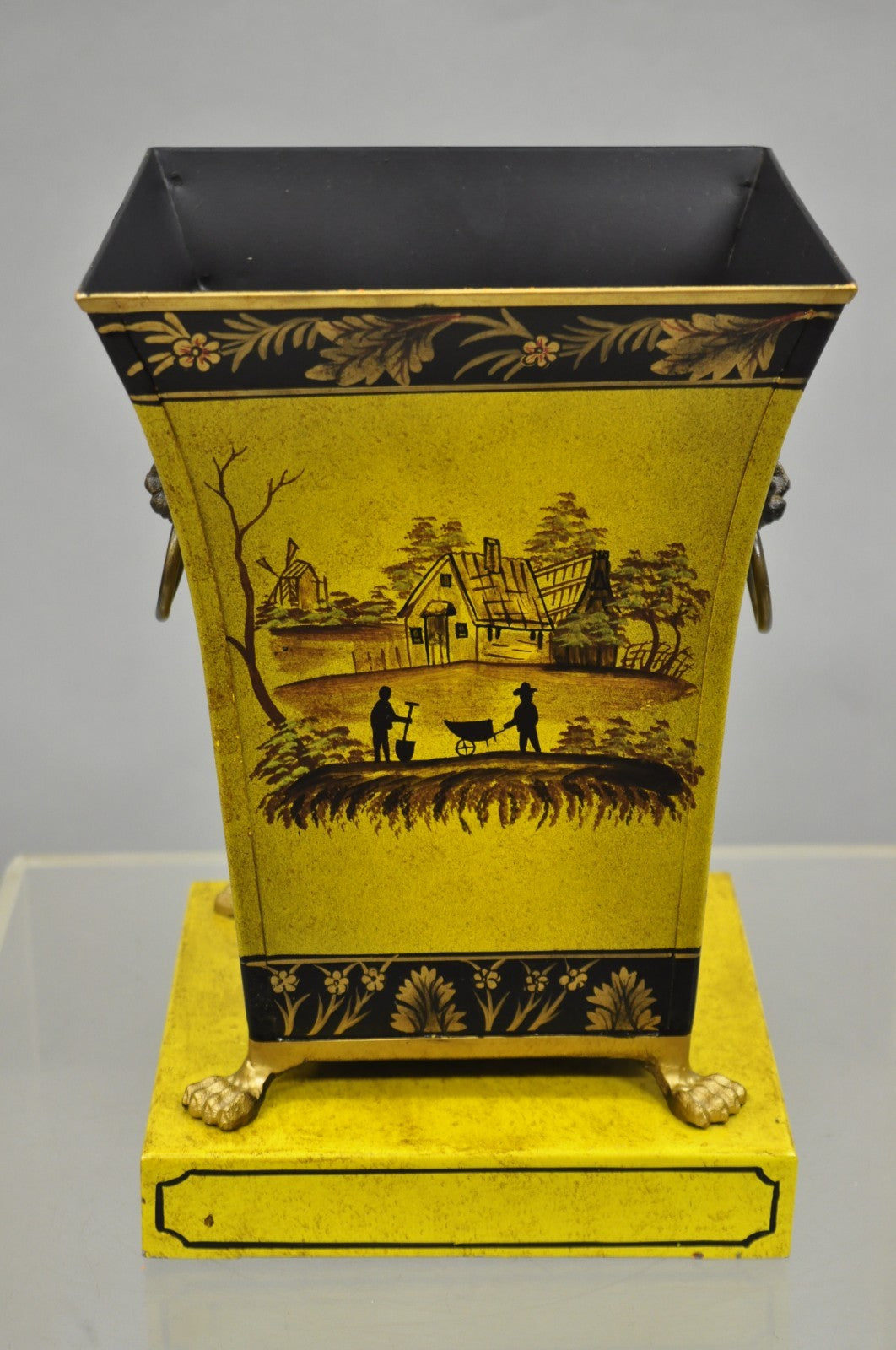 Vintage Chinoiserie French Country Yellow Metal Toleware Wastebasket Trash Can