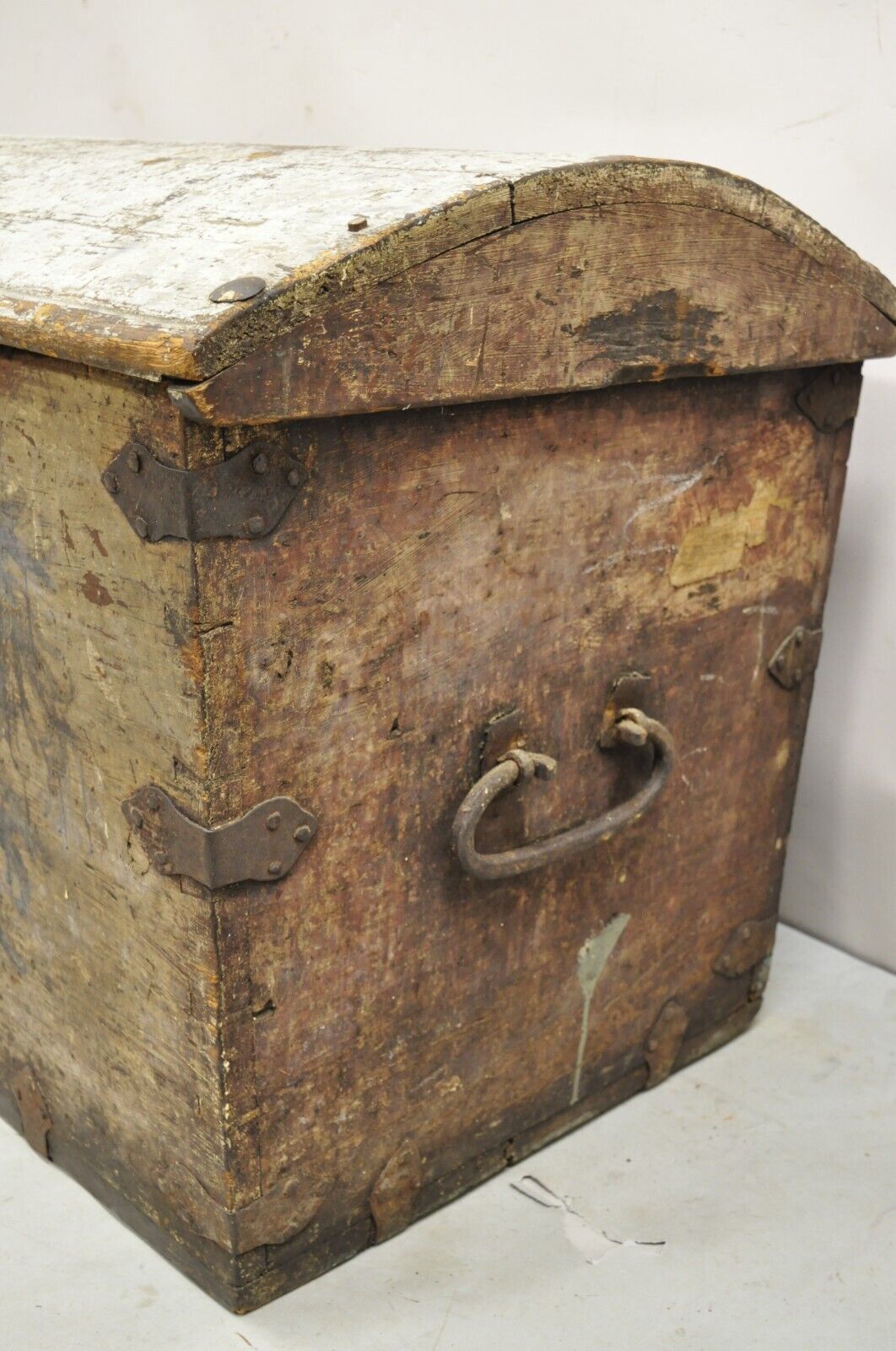 Antique European Painted Large Wooden Dome Top Sea Trunk Treasure Chest