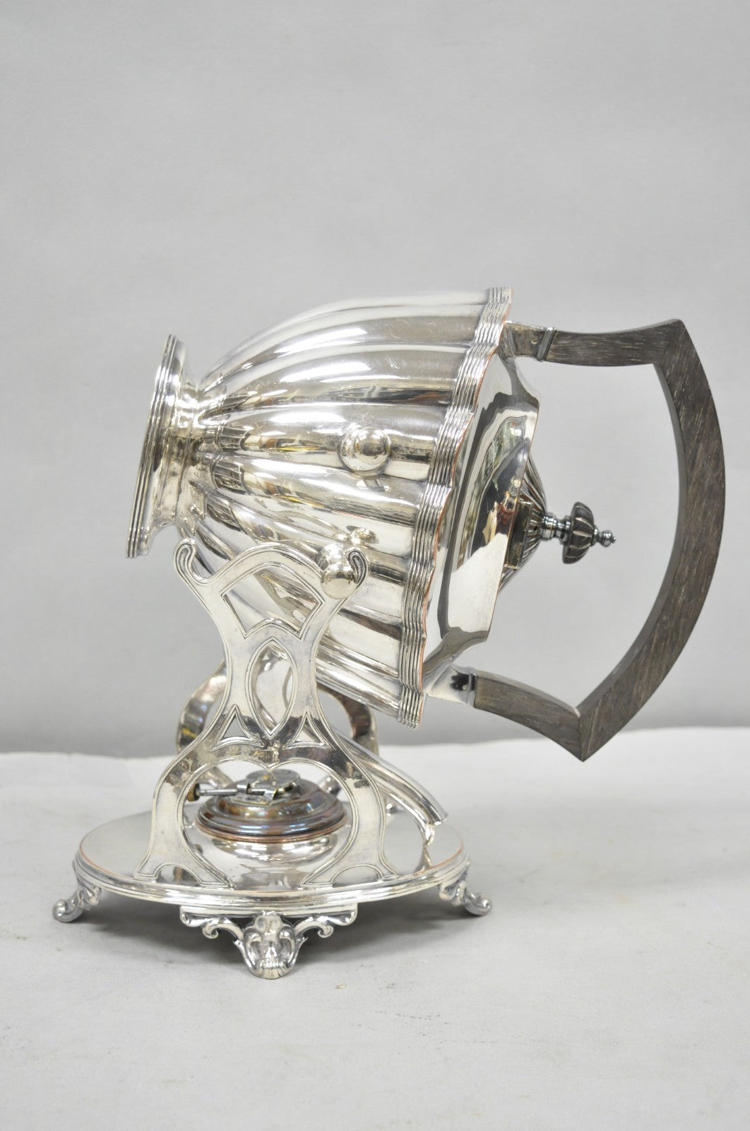 Antique English Art Nouveau Silver Plated Tilting Tea Kettle Pot on Stand