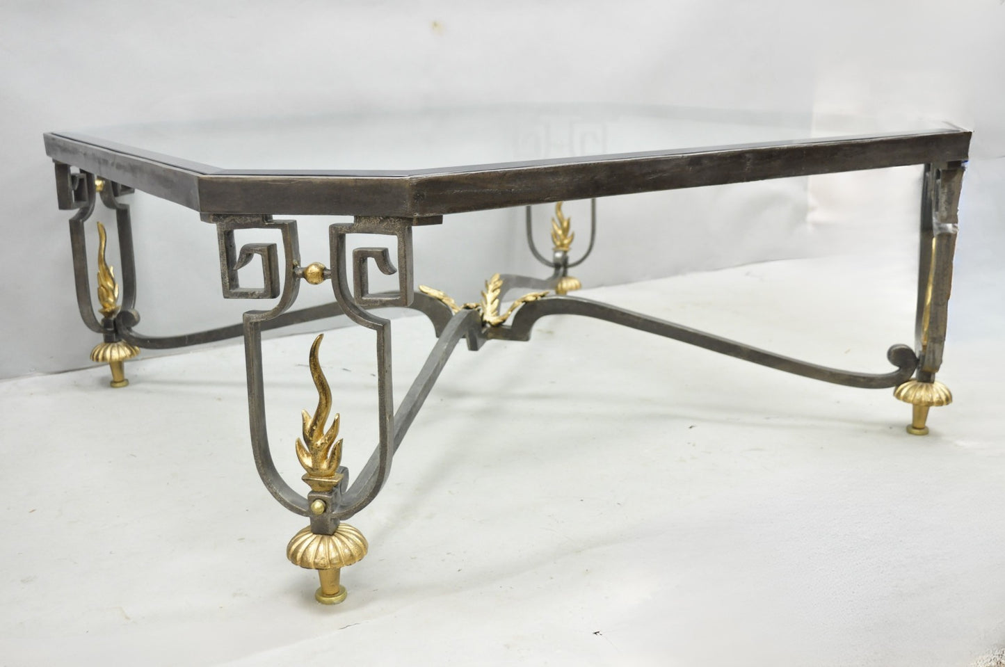 Vintage French Neoclassical Large Wrought Iron & Glass "Flame" Coffee Table