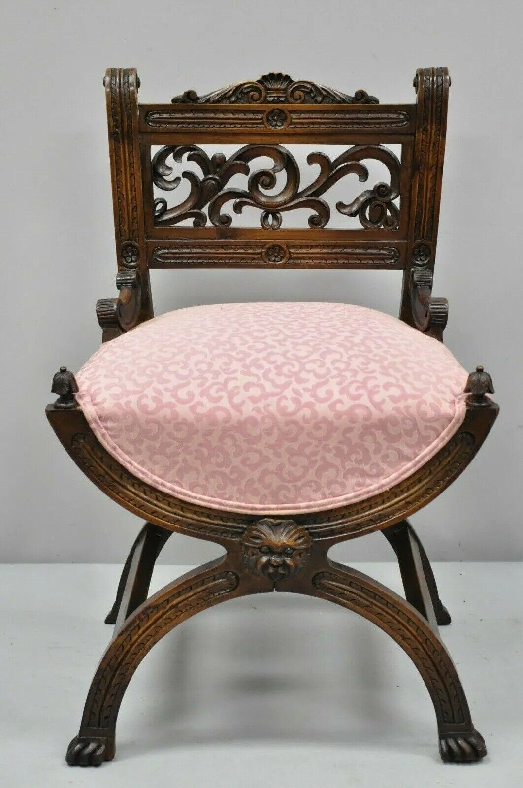 Antique Italian Renaissance Carved Walnut Northwind Face Curule Side Chair