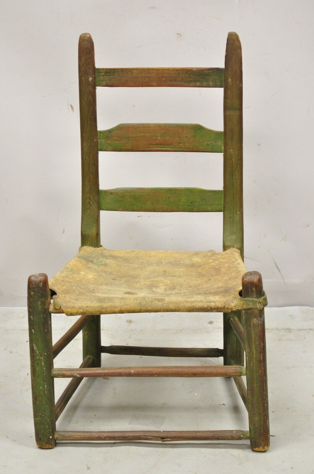 Antique Small Ladder Back Green Primitive Rustic Chair with Deer Hide Seat