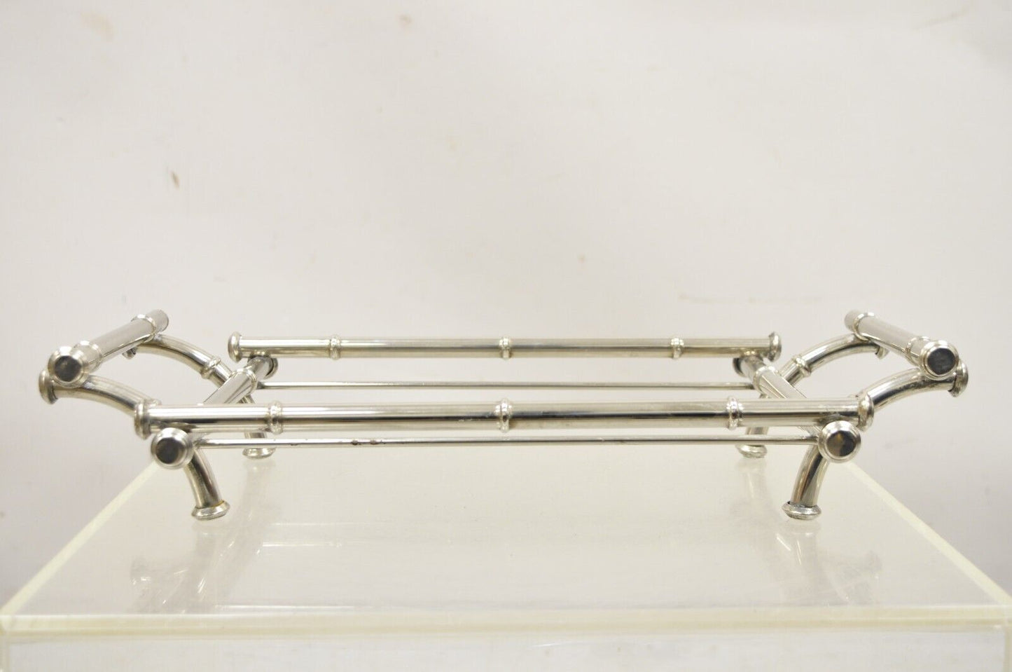 Vtg Italian Hollywood Regency Faux Bamboo Silver Plated Serving Platter Stand