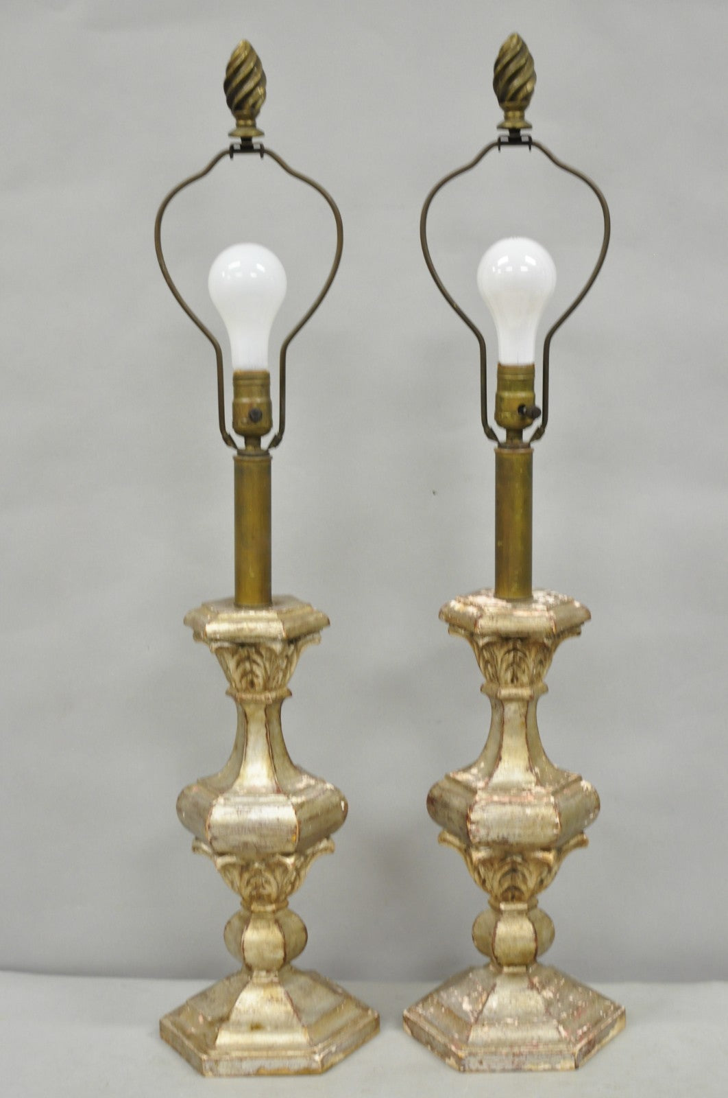 Italian Hollywood Regency Silver Carved Giltwood Candlestick Table Lamps a Pair