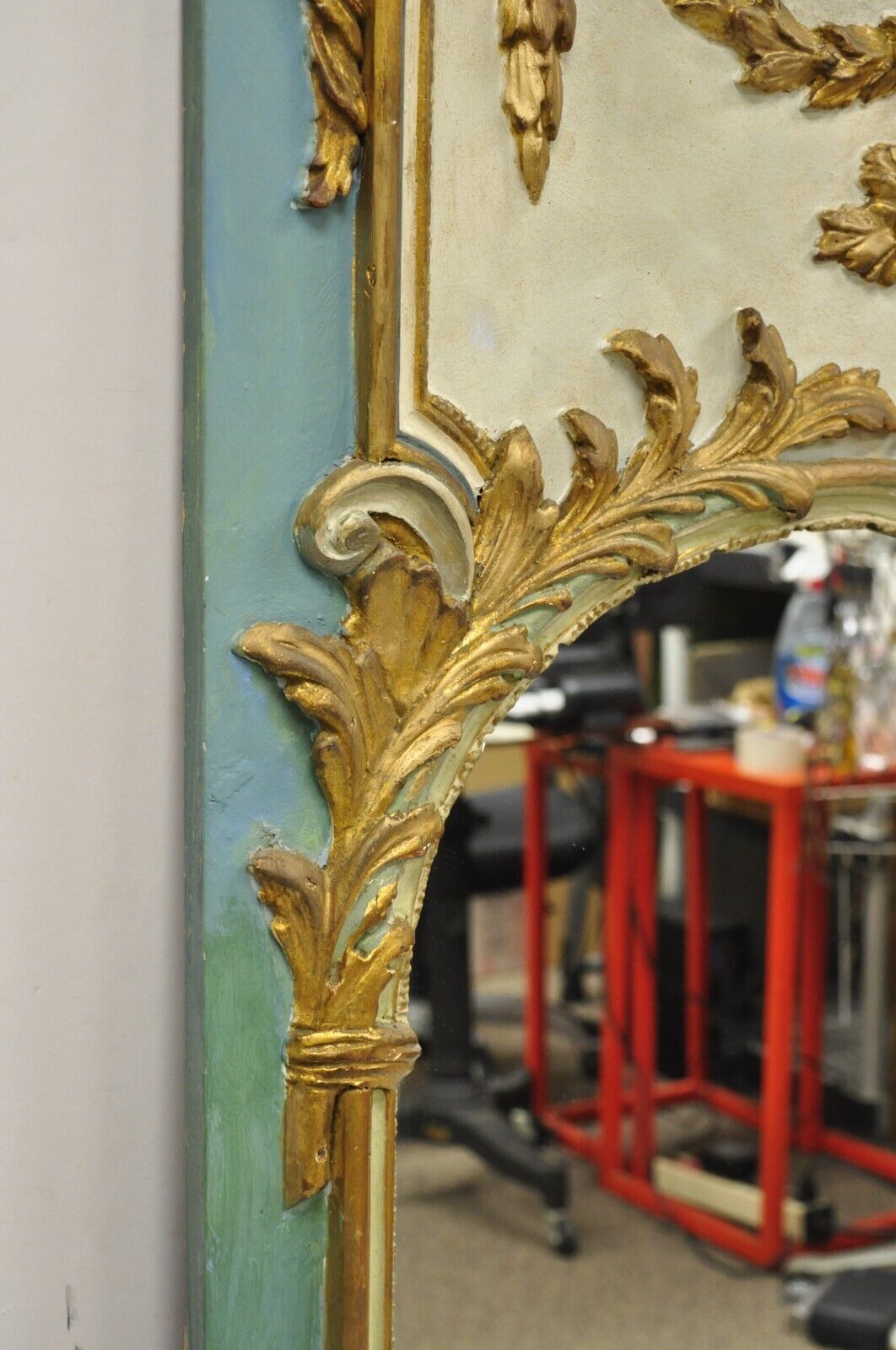 Antique French Louis XV Style Floral Bouquet Blue Distress Painted Wall Mirror
