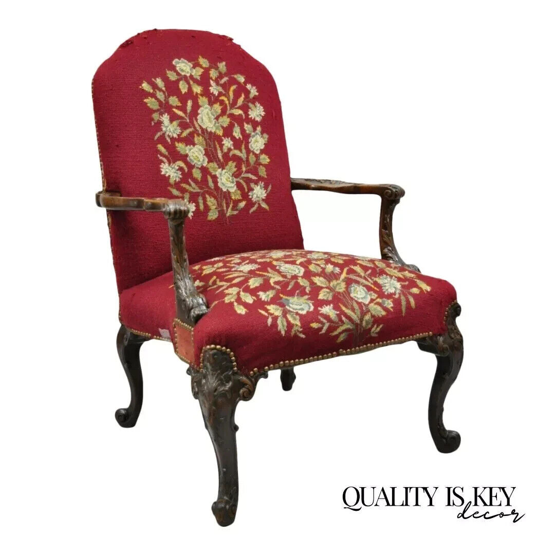 Antique Georgian Floral Needlepoint Carved Mahogany Fireside Lounge Arm Chair