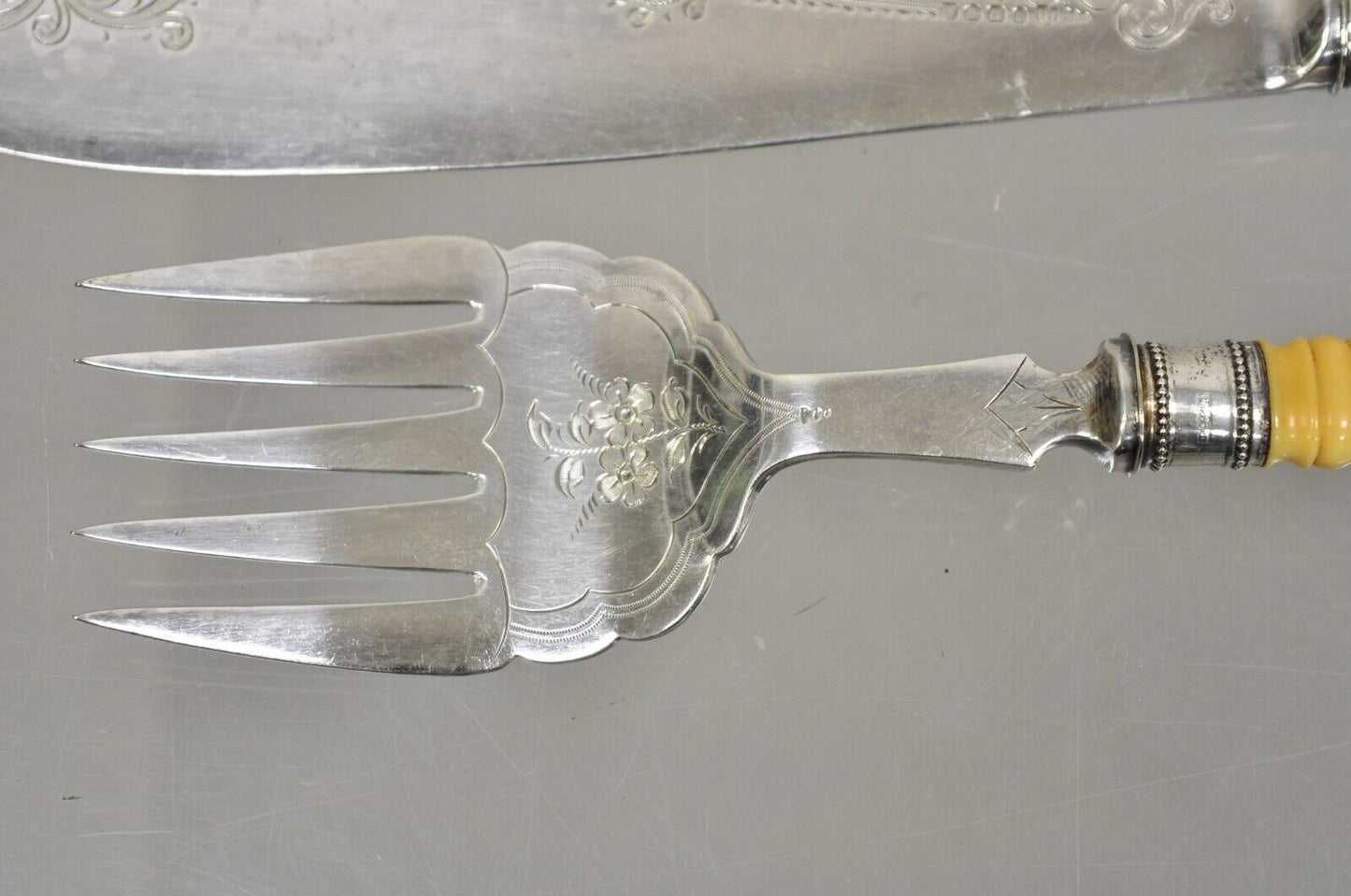 Antique English Victorian Floral Engraved Fish Knife & Fork Set Celluloid Handle