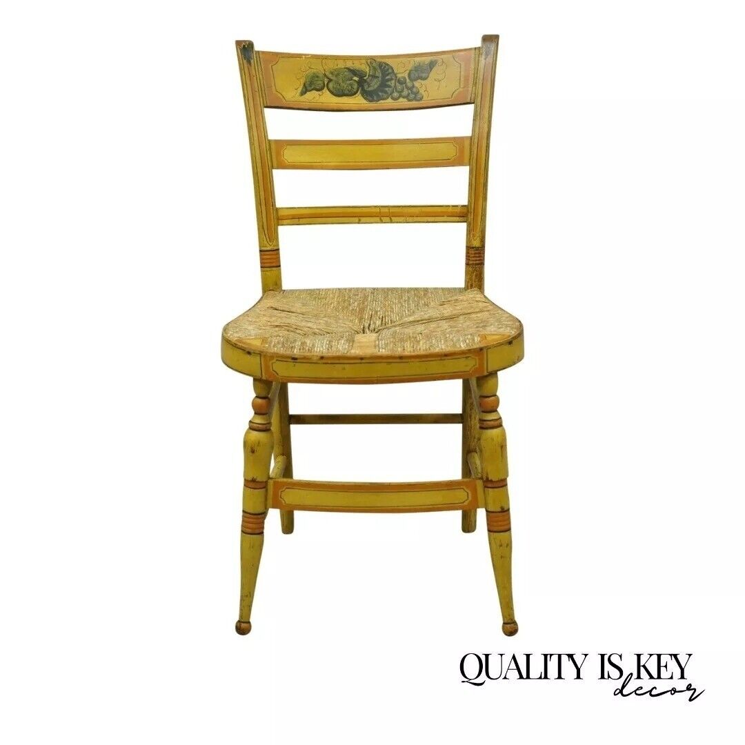 Antique Hitchcock Style Slat Back Rush Seat Yellow Paint Stencil Side Chair (A)